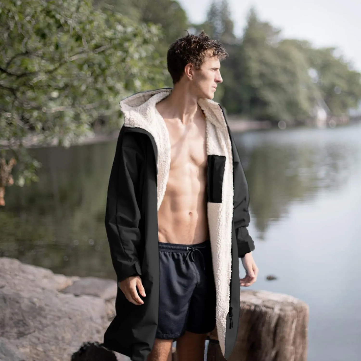 Oksun Waterproof Swim Parka, Windproof Surf Poncho Warm Coat, Recycled Fabric Water Resistent Oversized Sherpa Lining Jacket