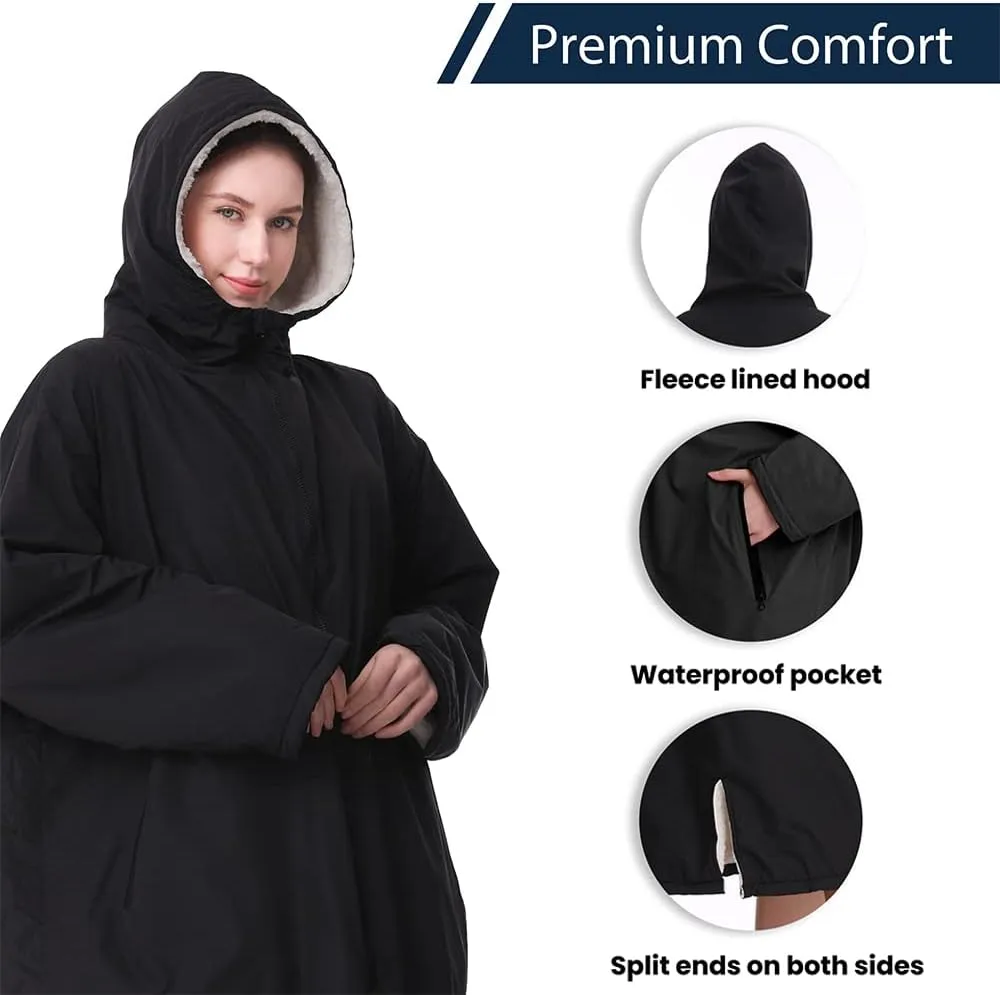 Oksun Waterproof Swim Parka, Windproof Surf Poncho Warm Coat, Recycled Fabric Water Resistent Oversized Sherpa Lining Jacket