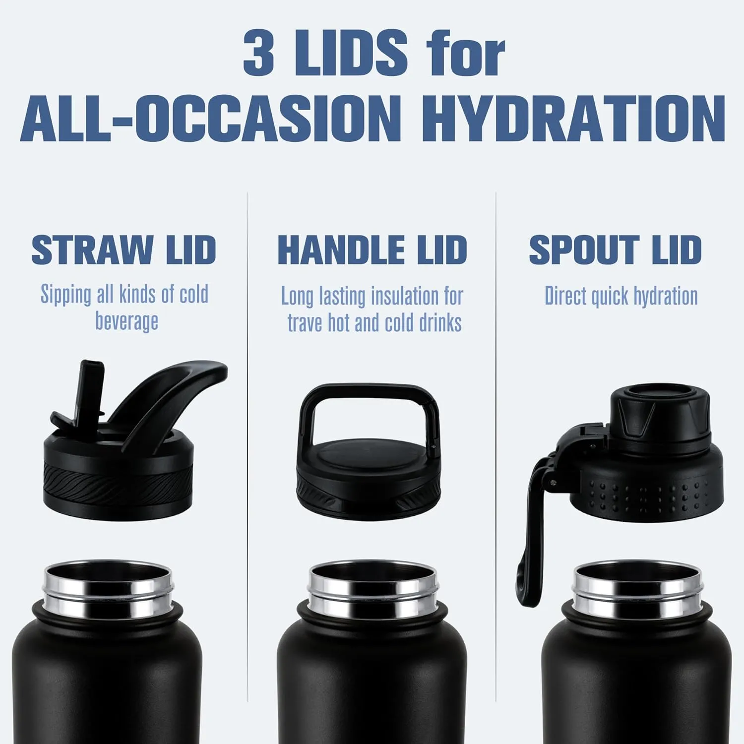 OLDLEY 32 oz Insulated Water Bottle With Straw, Stainless Steel Sports Water Cup Flask with 3 Lids(Straw, Spout and Handle Lid) Double Walled Travel Thermal Canteen Mug,Black
