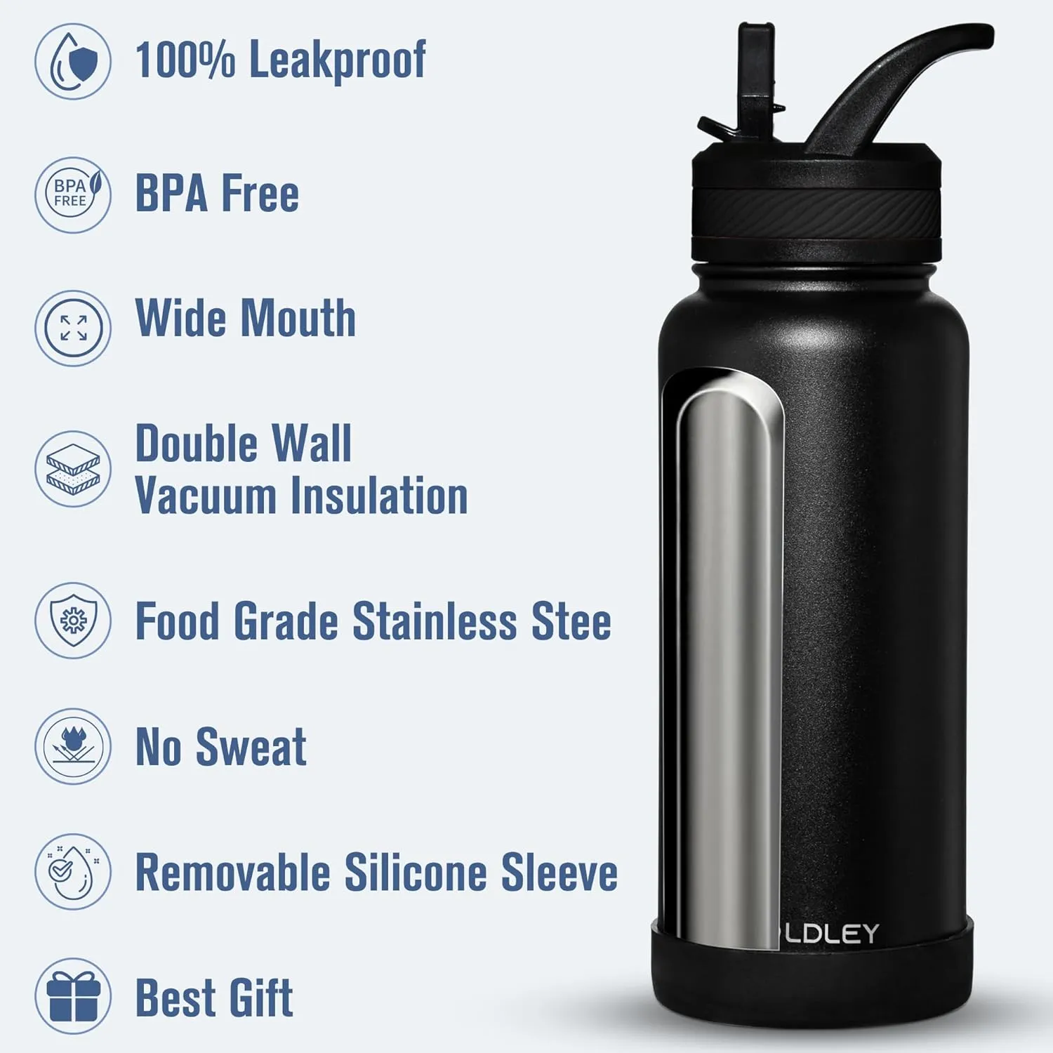 OLDLEY 32 oz Insulated Water Bottle With Straw, Stainless Steel Sports Water Cup Flask with 3 Lids(Straw, Spout and Handle Lid) Double Walled Travel Thermal Canteen Mug,Black