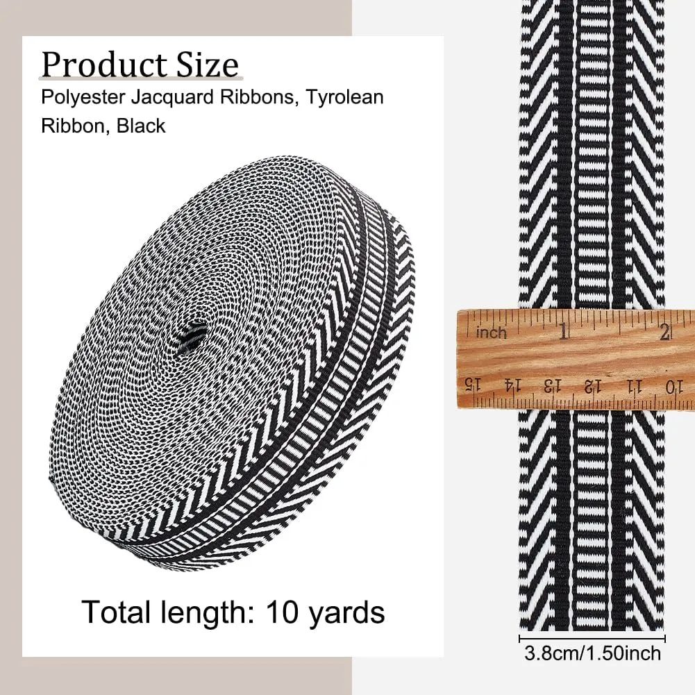 OLYCRAFT 10Yards Black Jacquard Polyester Webbing 1-1/2 Inch Webbing Polyester Canvas Stripe Pattern Nylon Webbing Flat Webbing Strap for Backpacks Handbag Garment Belt Accessories