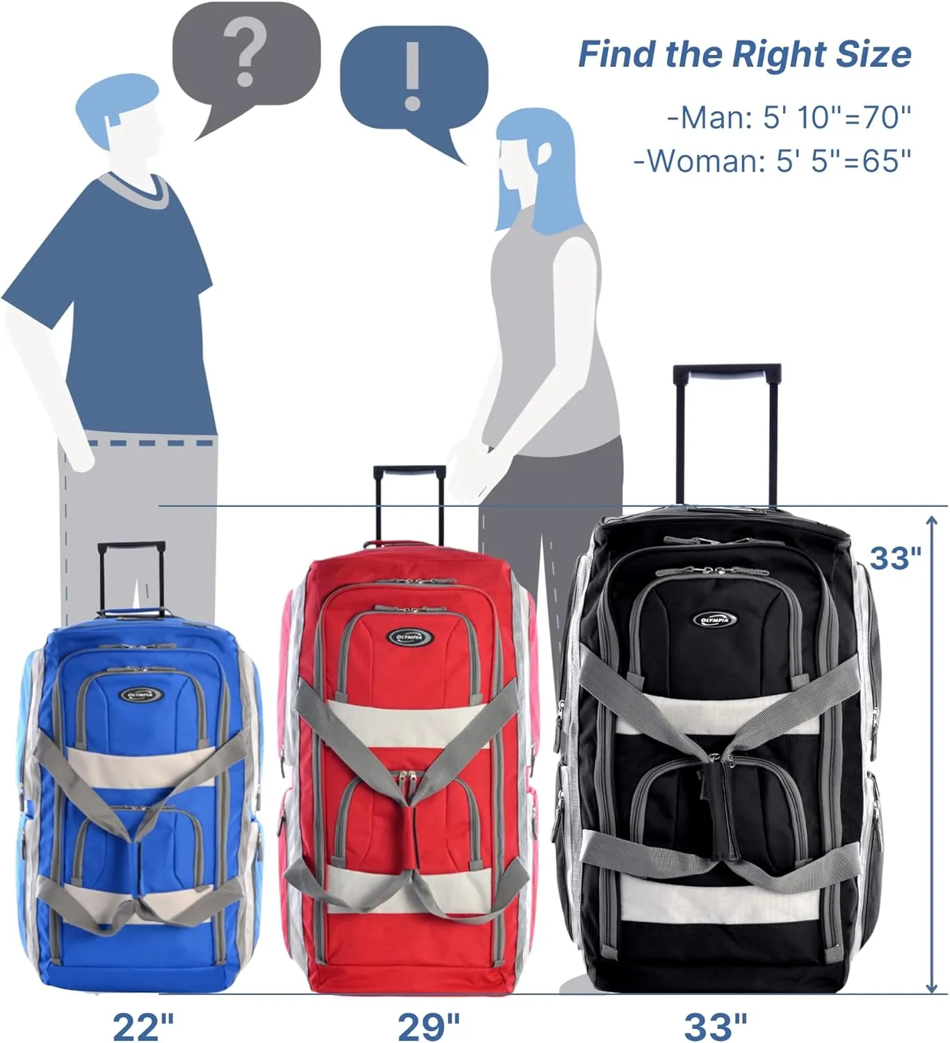 Olympia U.S.A. 29 inch Jumbo Size 8 Pockets Wheeled Rolling Duffel Bag Water Resistant Luggage Lightweight Travel Suitcase with Retractable Handle