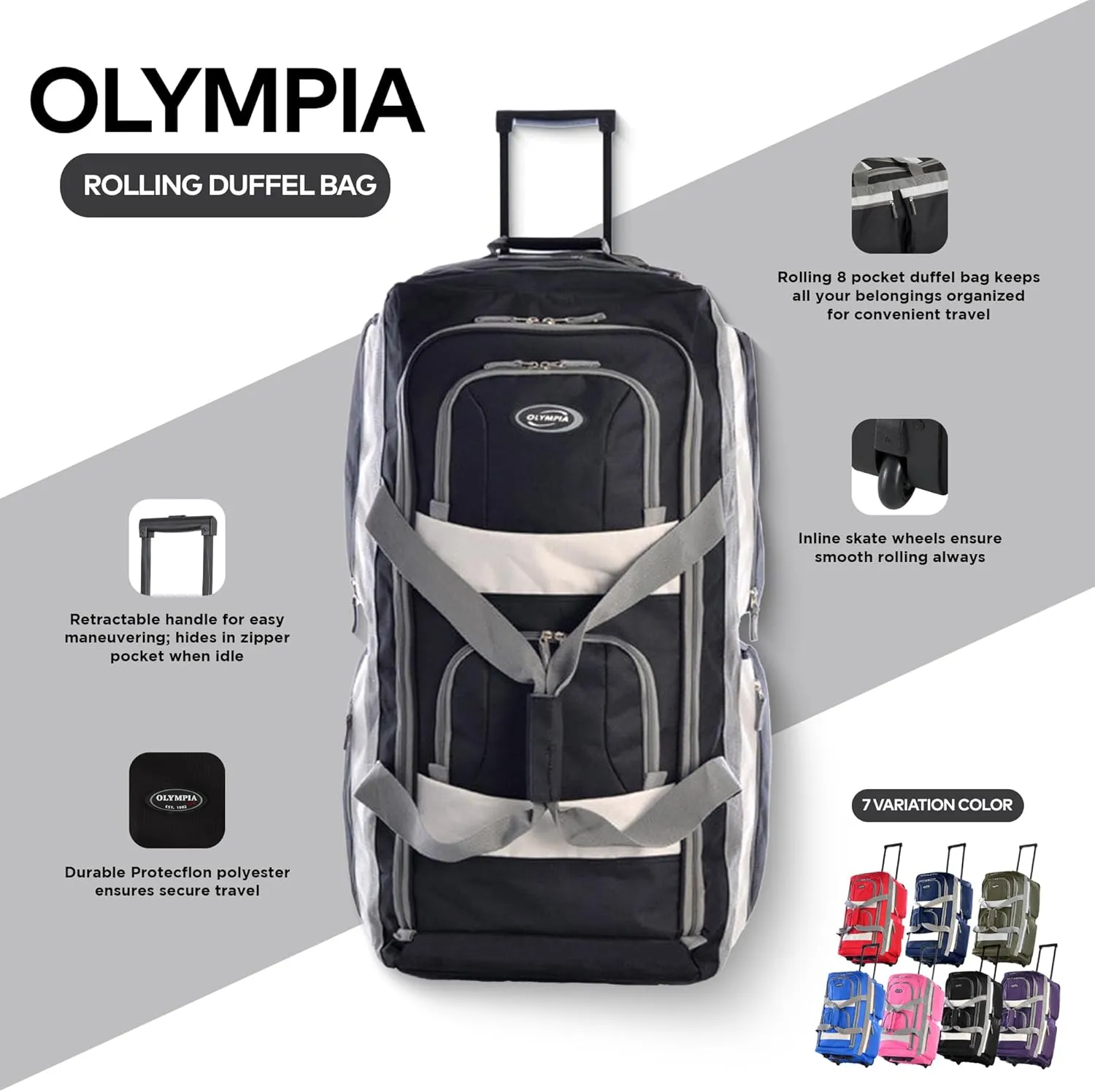 Olympia U.S.A. 33 inch Jumbo Size 8 Pockets Wheeled Rolling Duffel Bag Water Resistant Luggage Lightweight Travel Suitcase with Retractable Handle