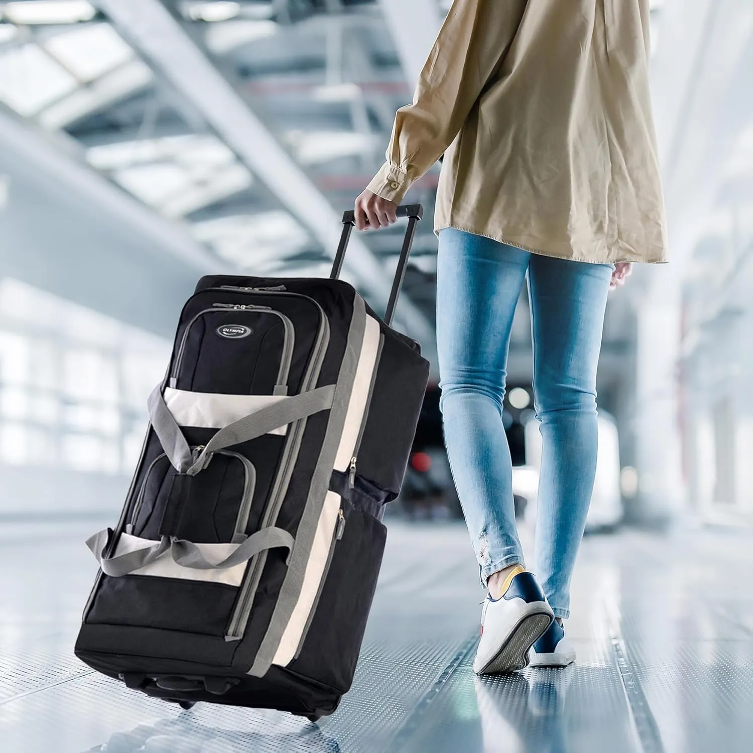 Olympia U.S.A. 33 inch Jumbo Size 8 Pockets Wheeled Rolling Duffel Bag Water Resistant Luggage Lightweight Travel Suitcase with Retractable Handle