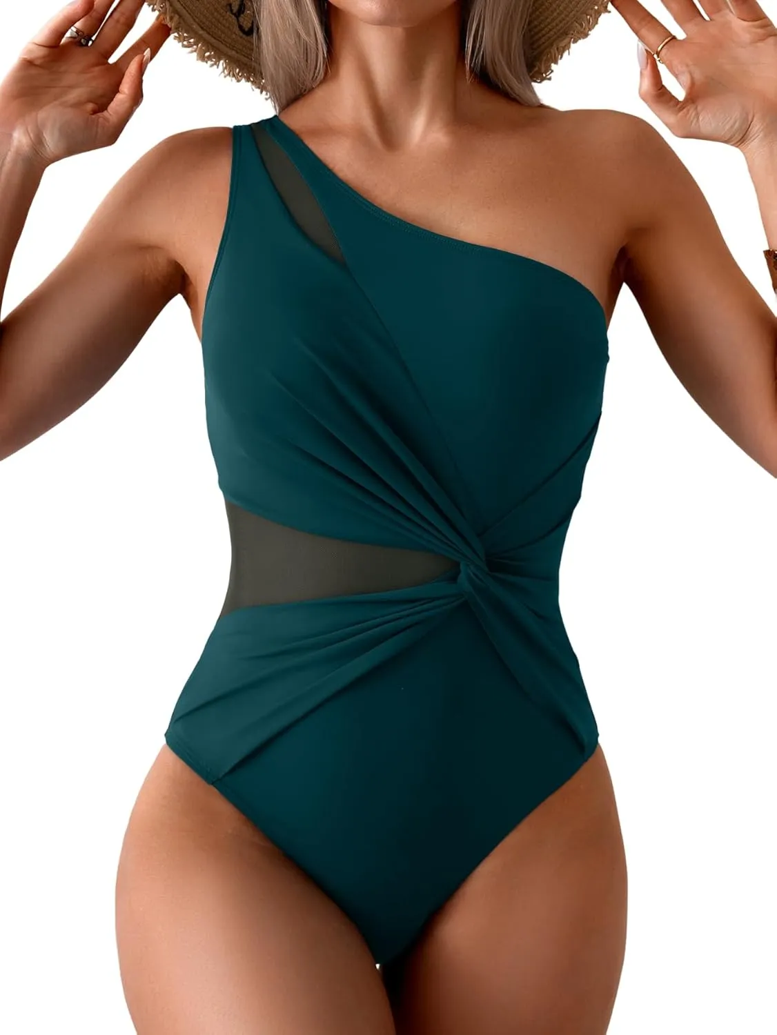 One Shoulder One Piece Swimsuit for Women Mesh Tummy Control Bathing Suit Twist Swimwear
