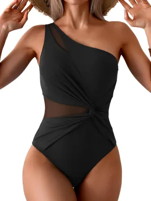 One Shoulder One Piece Swimsuit for Women Mesh Tummy Control Bathing Suit Twist Swimwear