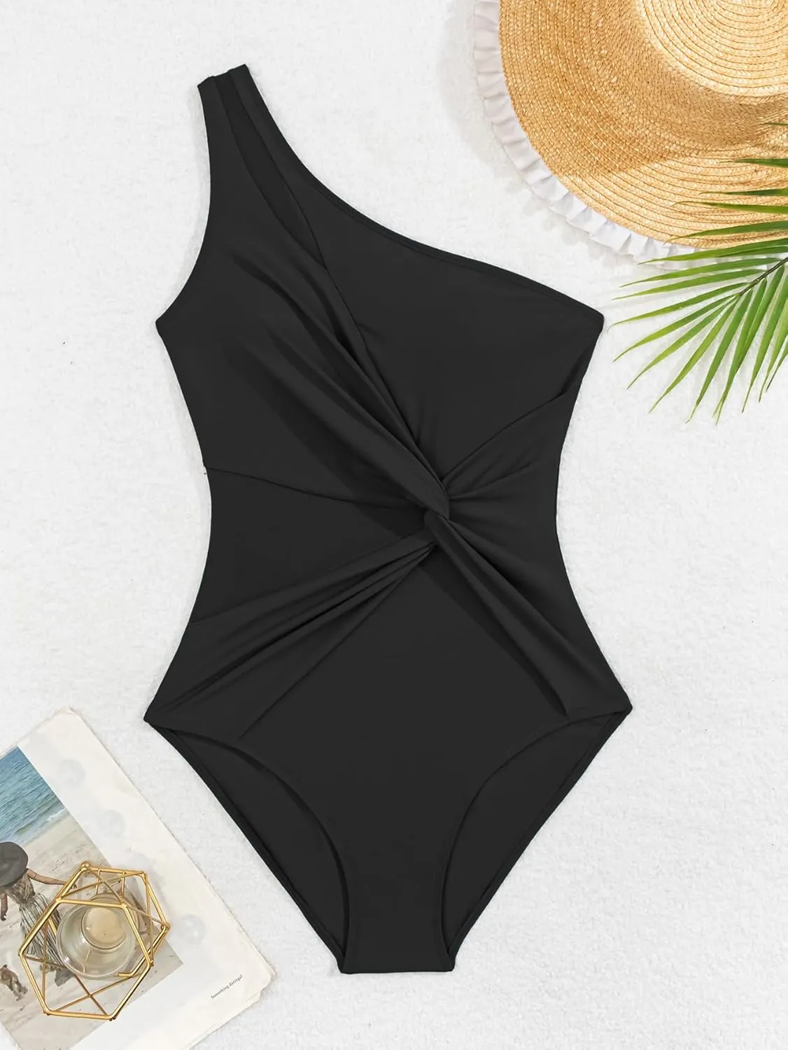 One Shoulder One Piece Swimsuit for Women Mesh Tummy Control Bathing Suit Twist Swimwear