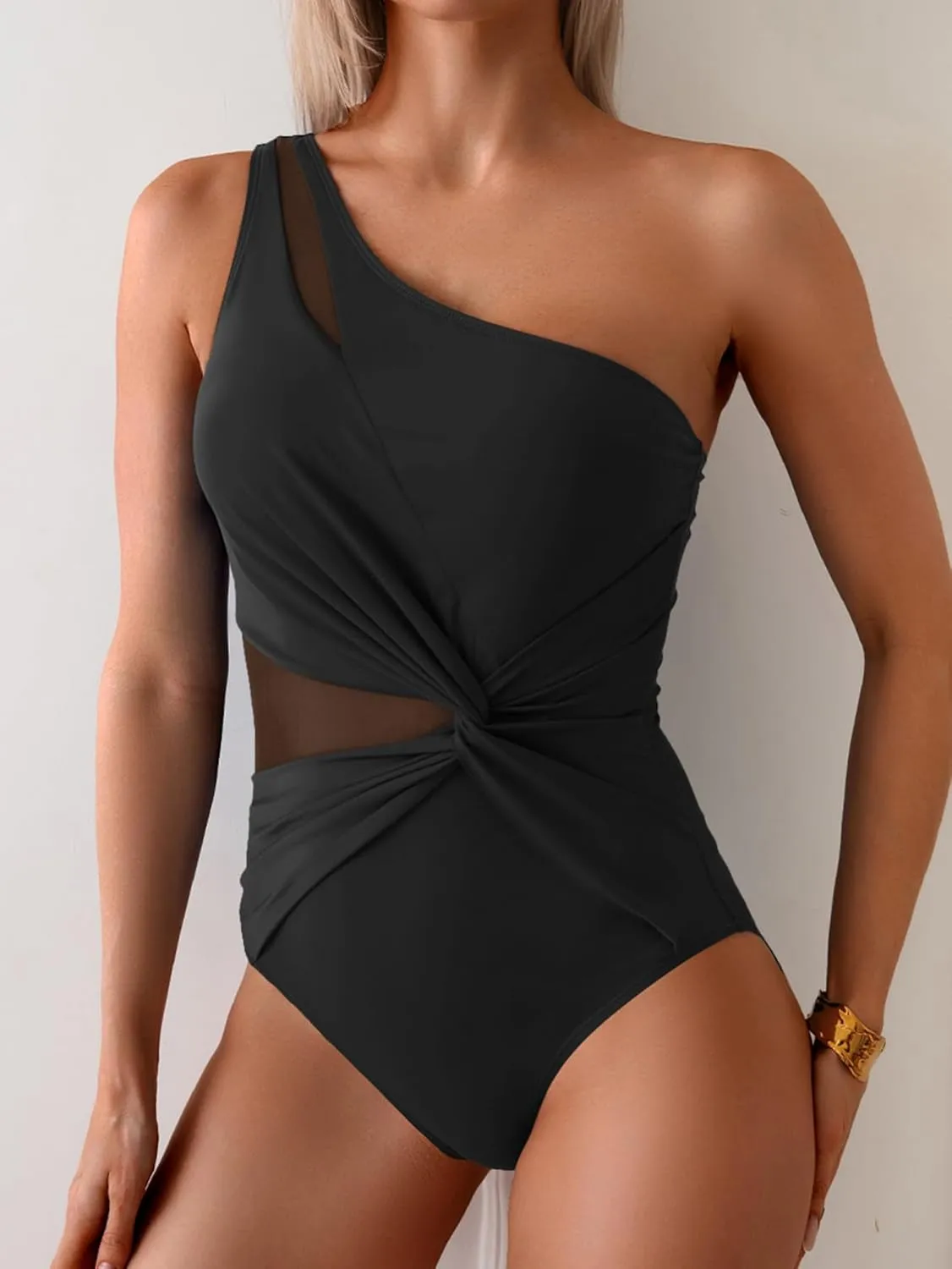 One Shoulder One Piece Swimsuit for Women Mesh Tummy Control Bathing Suit Twist Swimwear