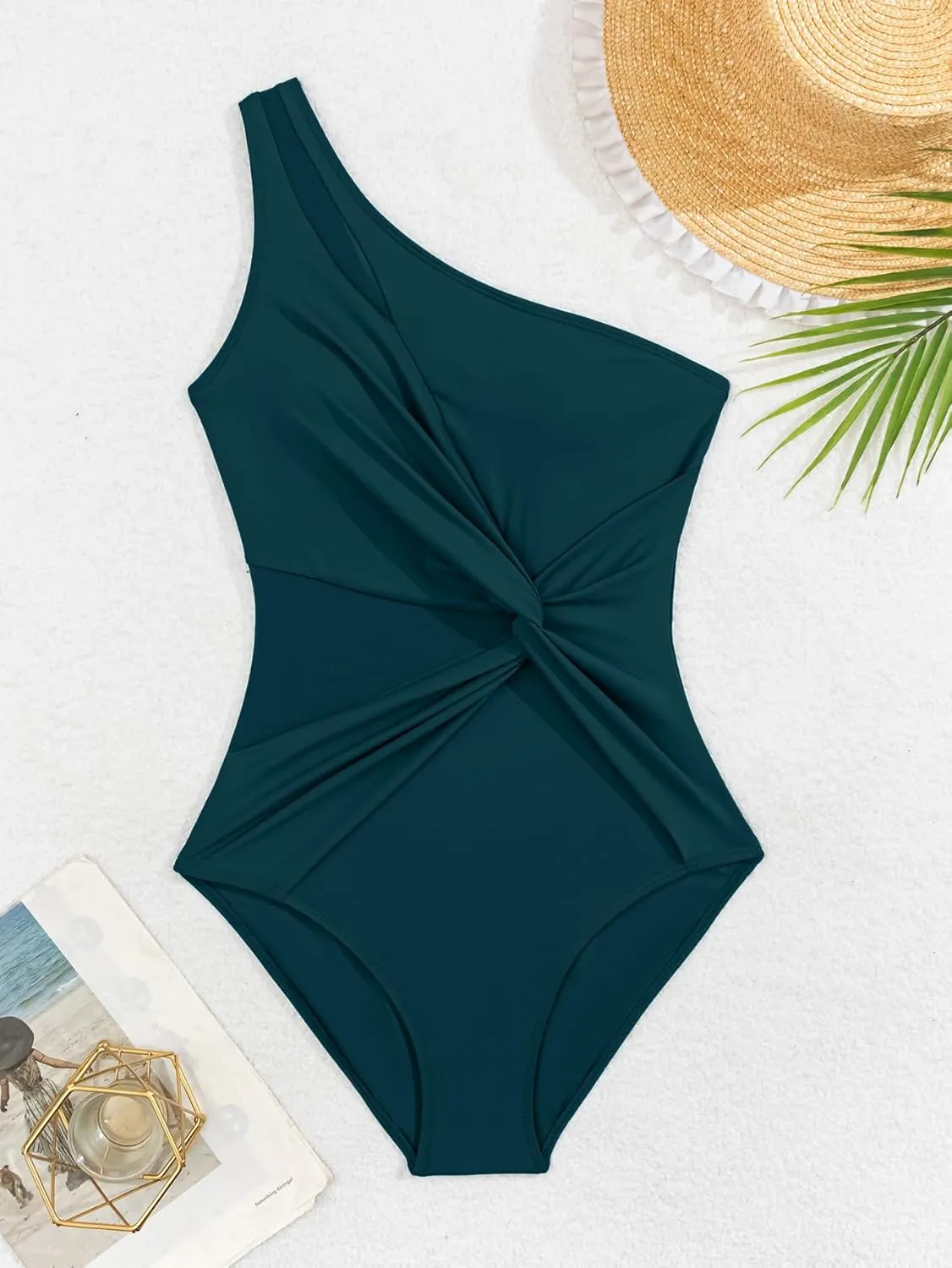 One Shoulder One Piece Swimsuit for Women Mesh Tummy Control Bathing Suit Twist Swimwear