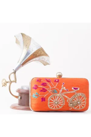 Orange Color Beatific Embroidered Art Silk Clutch