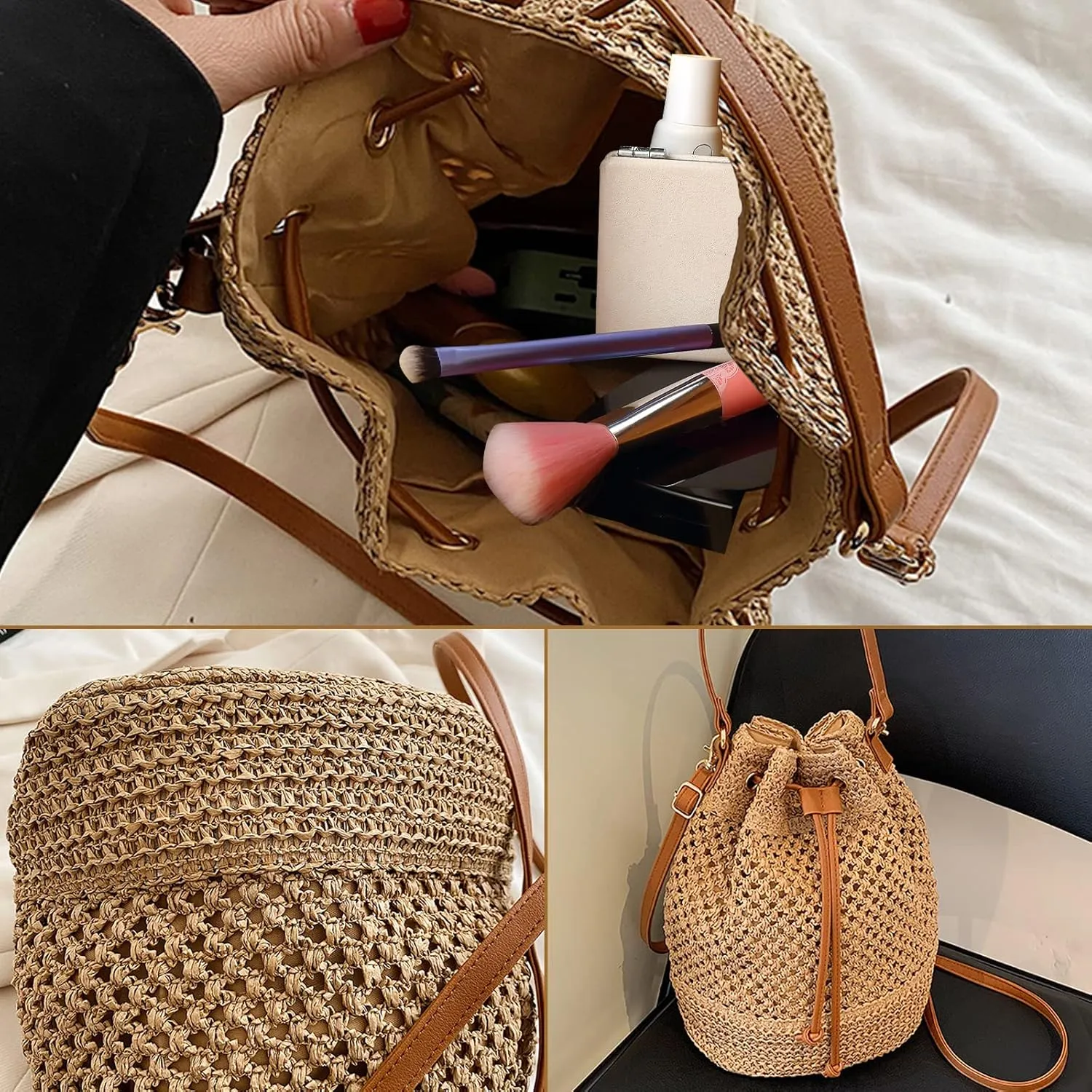 Orgone Summer Beach Woven Tote Bag, Straw Rattan Raffia Bucket Bag, Handmade Basket Handbag