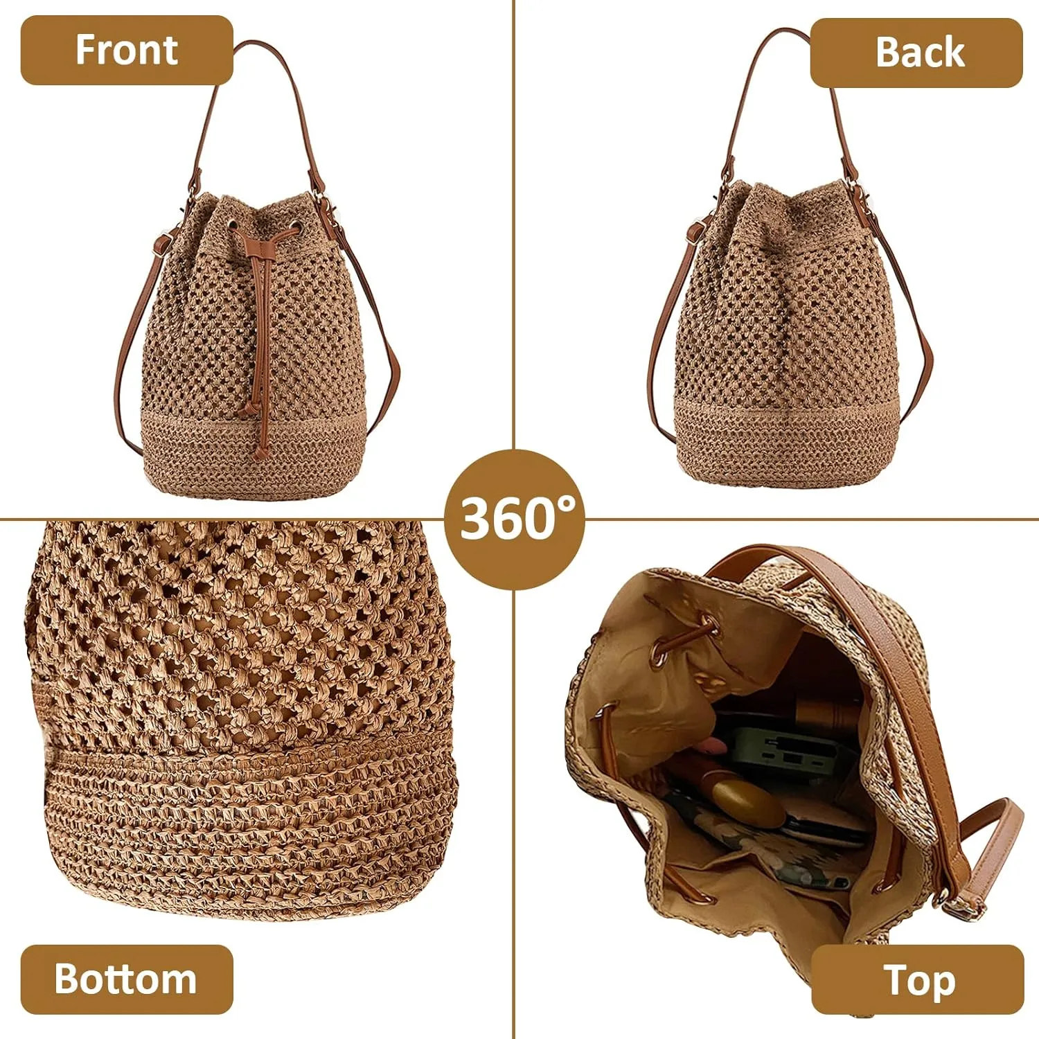 Orgone Summer Beach Woven Tote Bag, Straw Rattan Raffia Bucket Bag, Handmade Basket Handbag