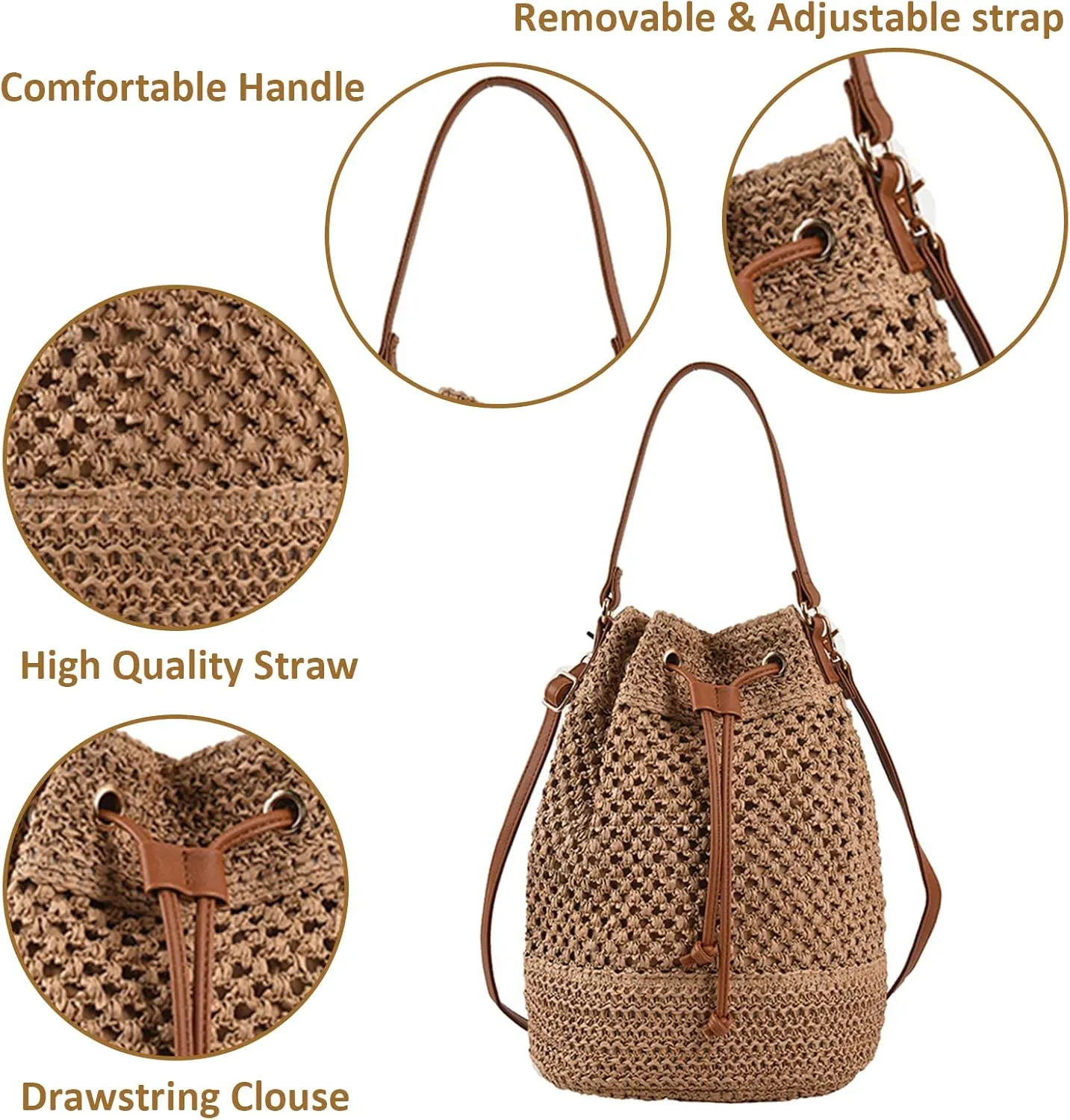 Orgone Summer Beach Woven Tote Bag, Straw Rattan Raffia Bucket Bag, Handmade Basket Handbag