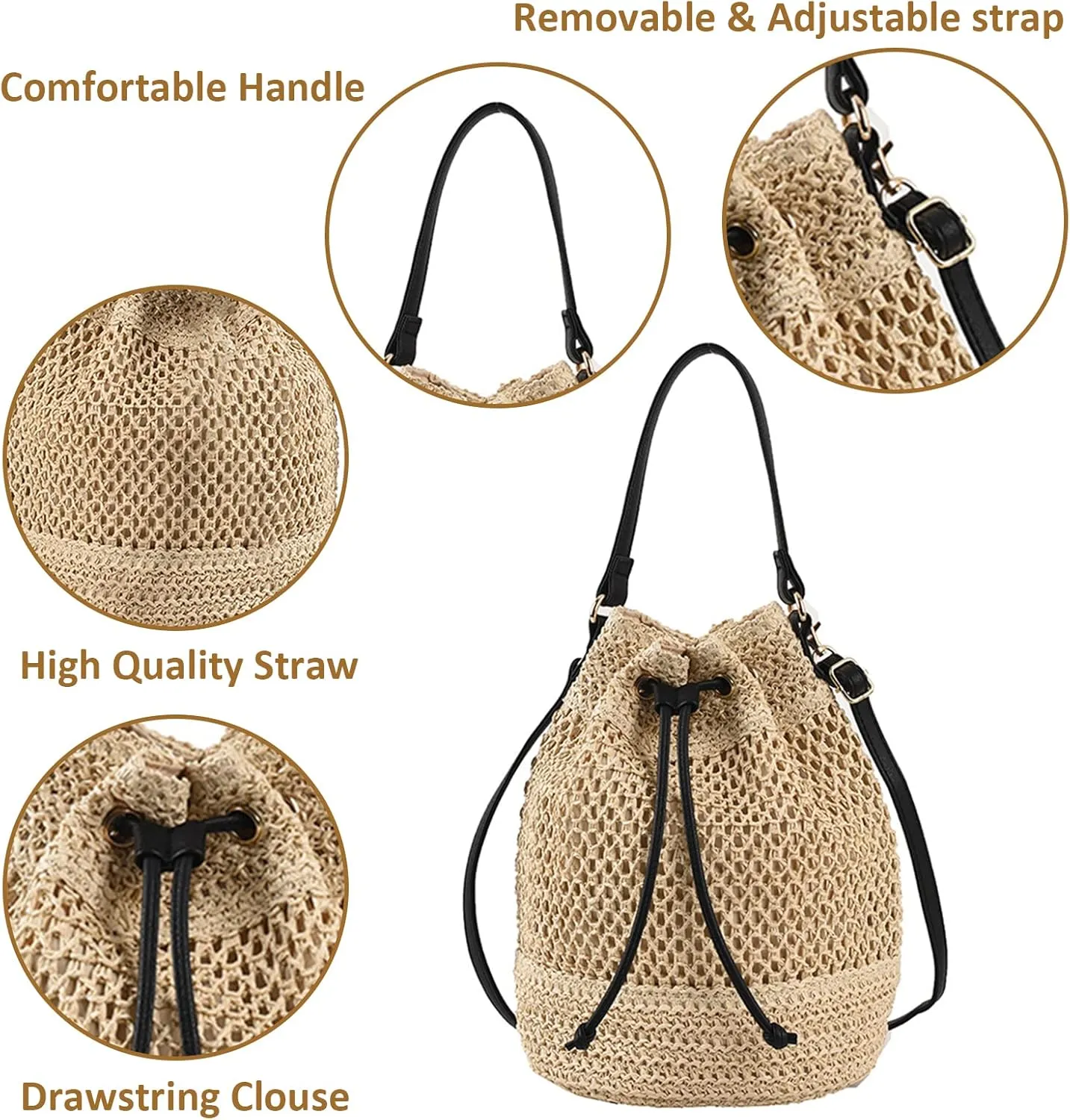 Orgonite Bucket Straw Handbag, Handmade Tote Bag with Pearl Flower, Beach Woven Bag Rattan Basket Purse Drawstring for Women
