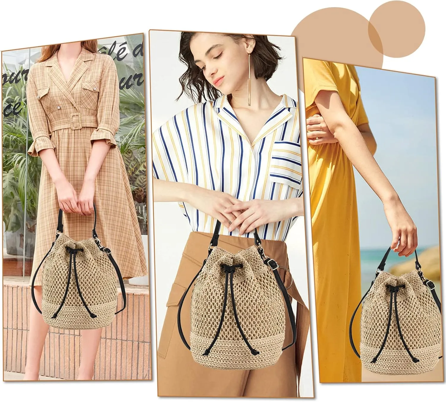 Orgonite Bucket Straw Handbag, Handmade Tote Bag with Pearl Flower, Beach Woven Bag Rattan Basket Purse Drawstring for Women