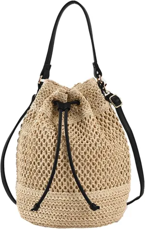 Orgonite Bucket Straw Handbag, Handmade Tote Bag with Pearl Flower, Beach Woven Bag Rattan Basket Purse Drawstring for Women