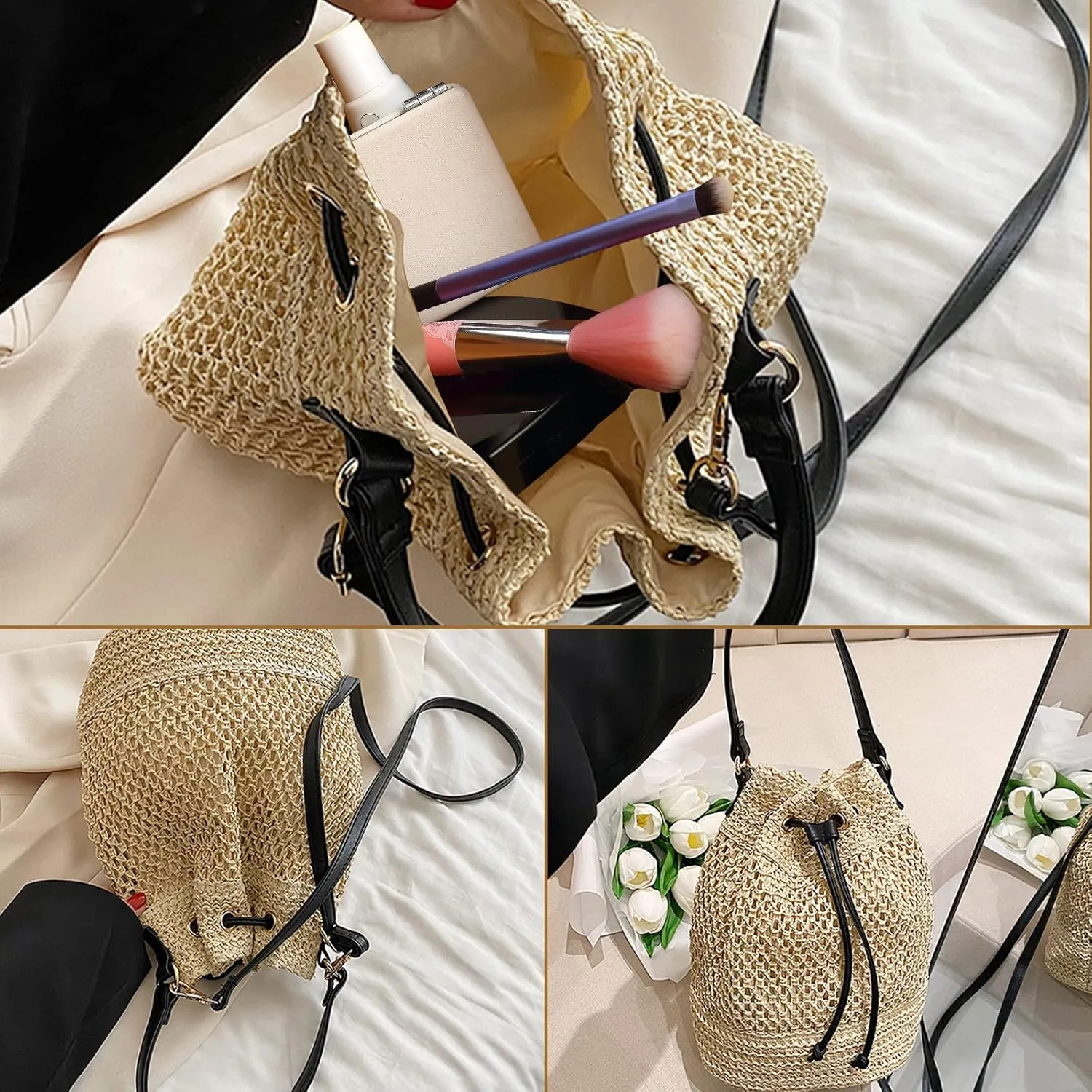 Orgonite Bucket Straw Handbag, Handmade Tote Bag with Pearl Flower, Beach Woven Bag Rattan Basket Purse Drawstring for Women