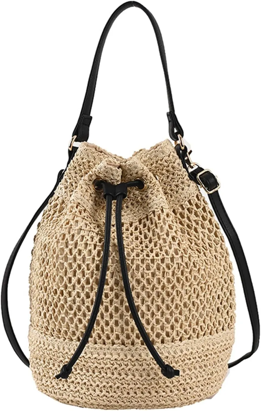 Orgonite Bucket Straw Handbag, Handmade Tote Bag with Pearl Flower, Beach Woven Bag Rattan Basket Purse Drawstring for Women