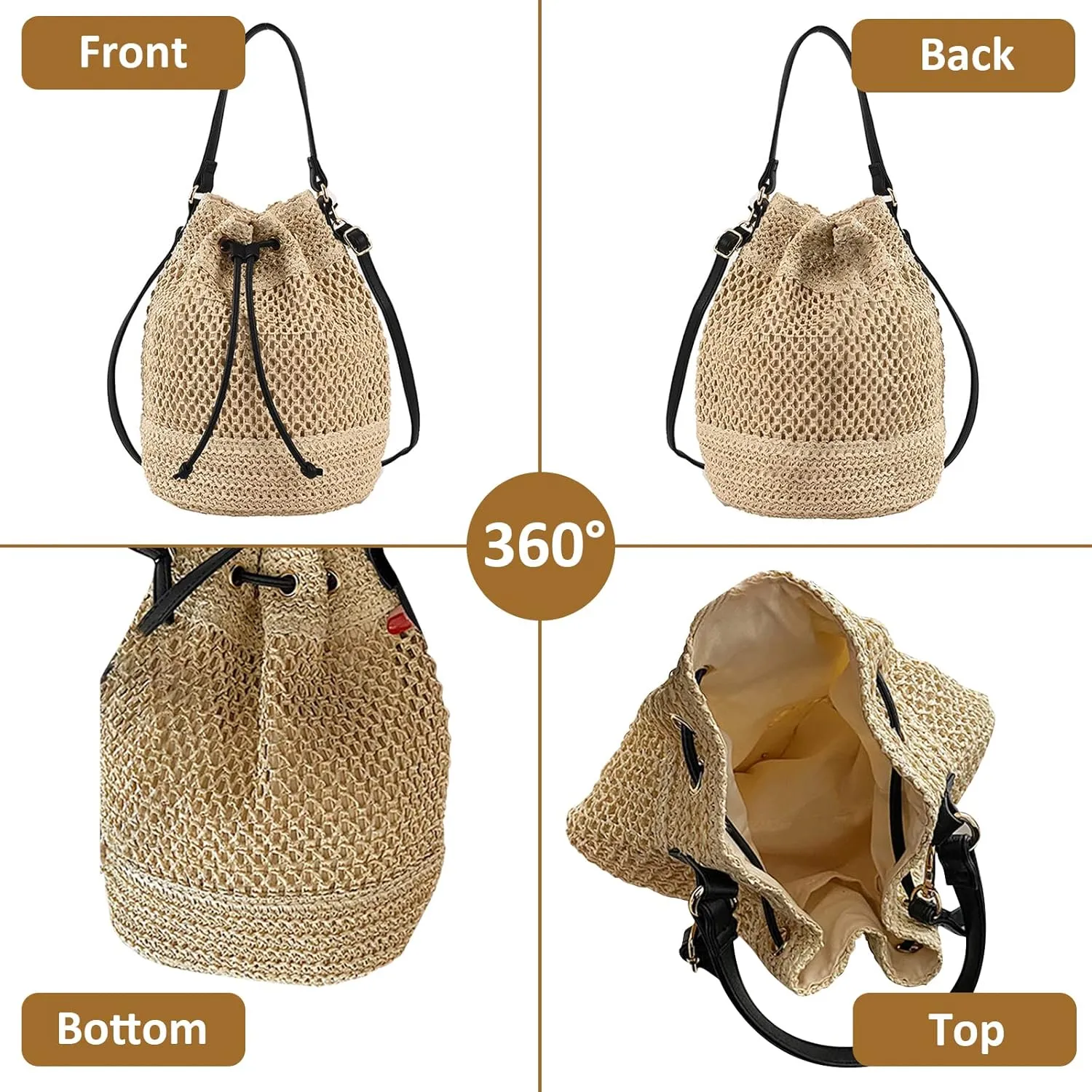 Orgonite Bucket Straw Handbag, Handmade Tote Bag with Pearl Flower, Beach Woven Bag Rattan Basket Purse Drawstring for Women