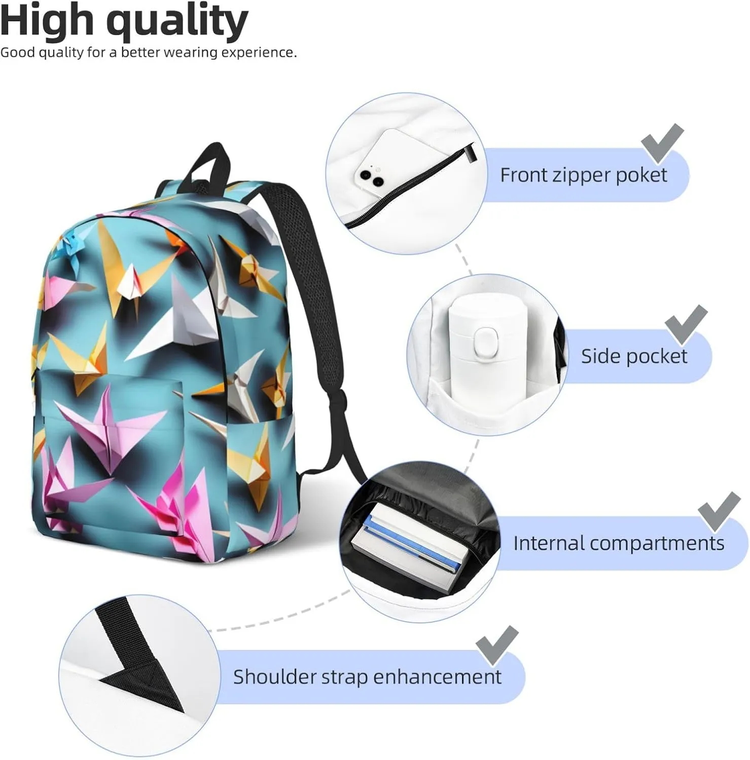 Origami Paper Cranes print Hiking Backpack Casual Daypack Outdoor Travel Backpacks Bookbag for Men Women Adult