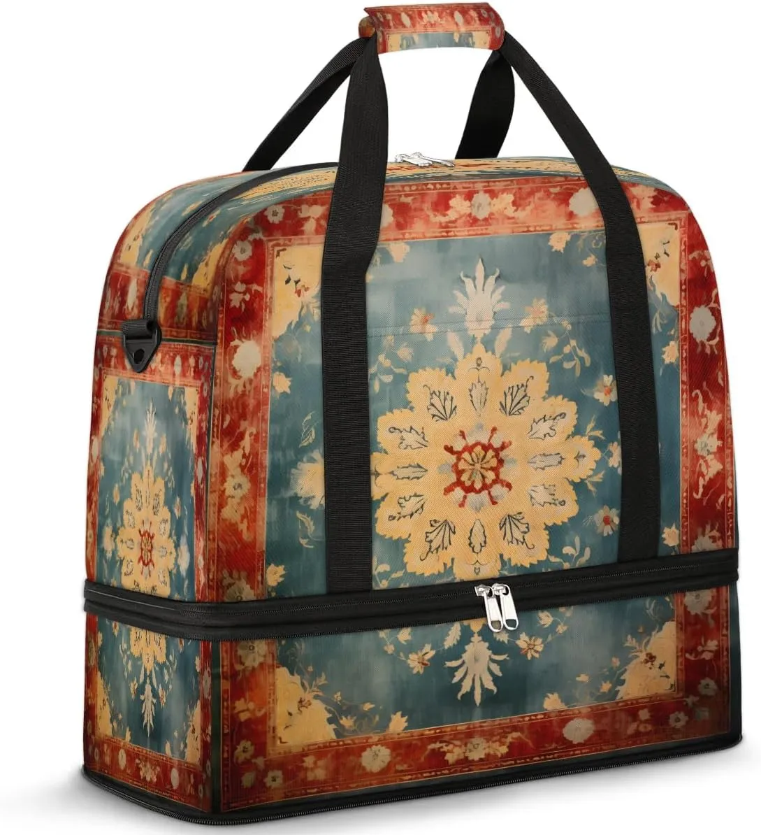 Ornamental Carpet Design Travel Duffel Bag, Travel Essentials, Gym Bag for Women, Weekender Overnight Bag With Shoes Compartment, Carry On Bags for Airplanes