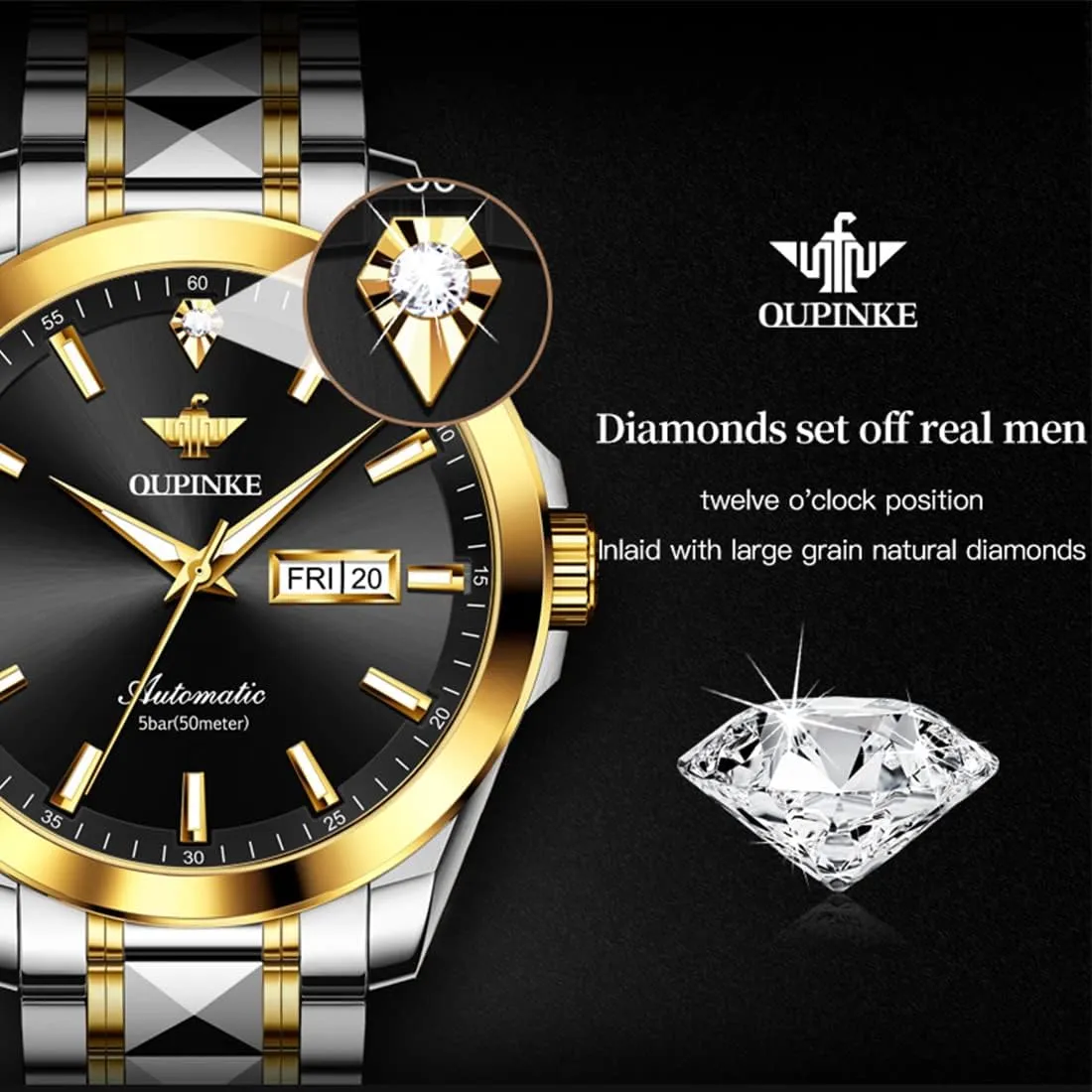 OUPINKE Mens Automatic Watches Real Diamond Self Winding Mechanical Gold Luxury Dress Mens Wrist Watch Waterproof