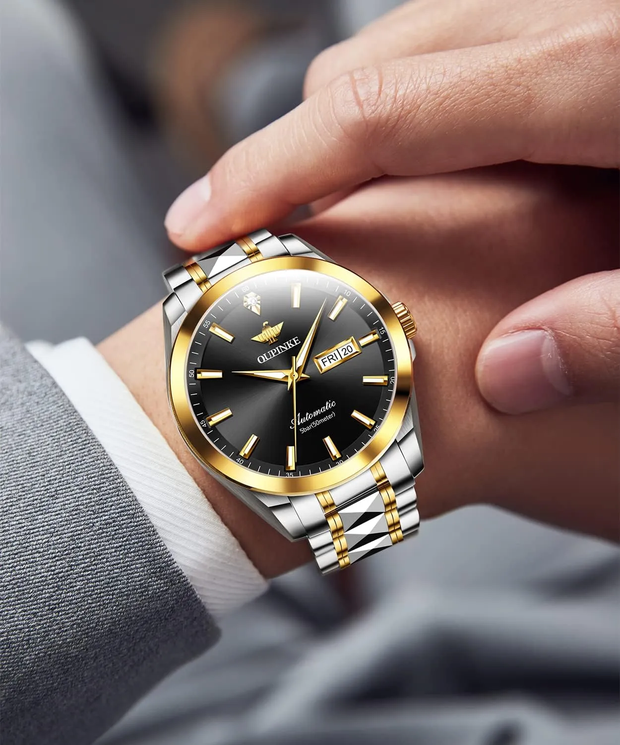 OUPINKE Mens Automatic Watches Real Diamond Self Winding Mechanical Gold Luxury Dress Mens Wrist Watch Waterproof