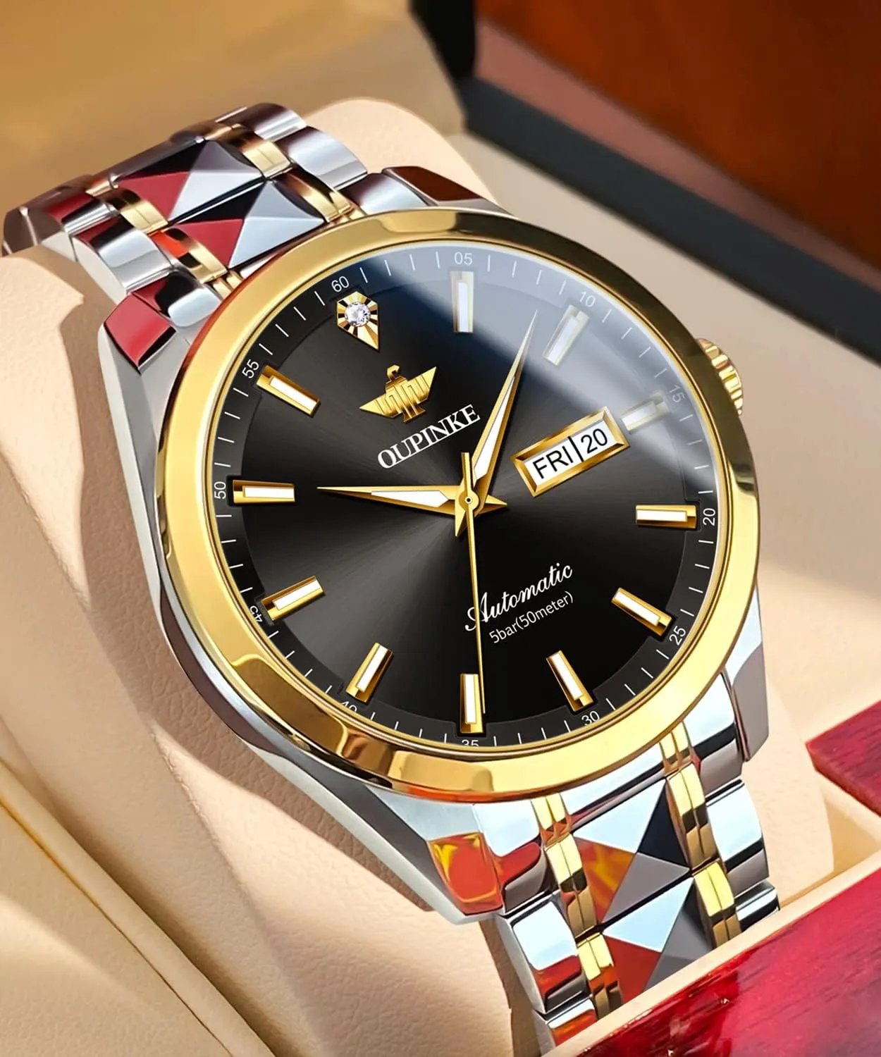 OUPINKE Mens Automatic Watches Real Diamond Self Winding Mechanical Gold Luxury Dress Mens Wrist Watch Waterproof