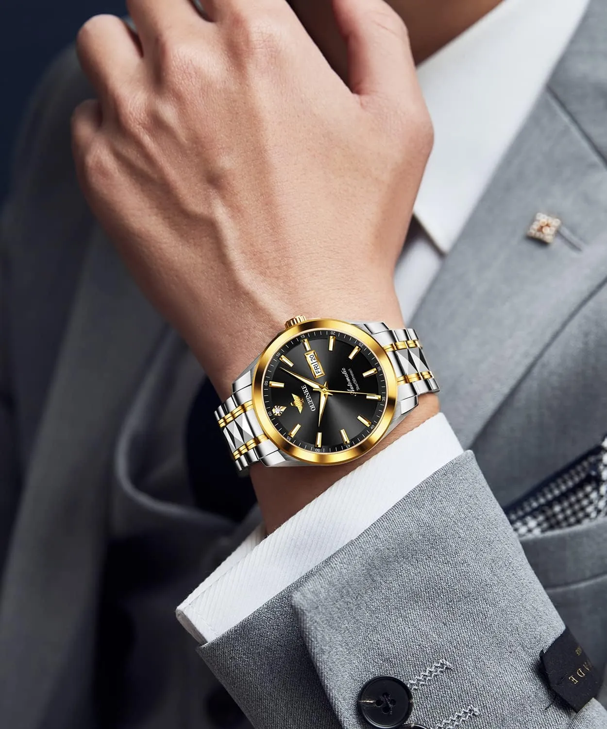 OUPINKE Mens Automatic Watches Real Diamond Self Winding Mechanical Gold Luxury Dress Mens Wrist Watch Waterproof