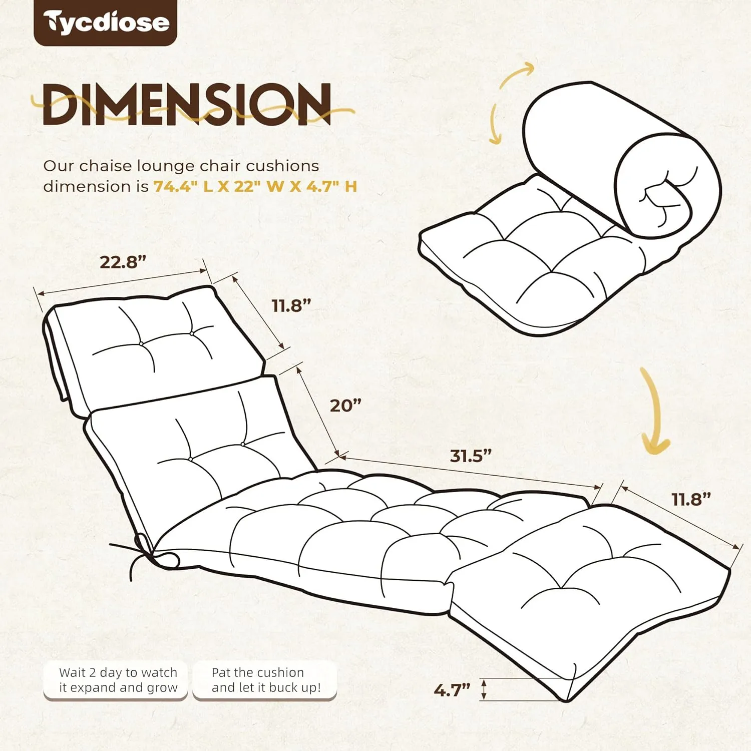 Outdoor Chaise Lounge Chair Cushion Waterproof 74.4 x 22 x 4.7 Inches Memory Foam Lounge Chair Cushions Replacement for Outdoor Furniture with Ties, Thickened Pool Lounge Chair Cushion, Beige