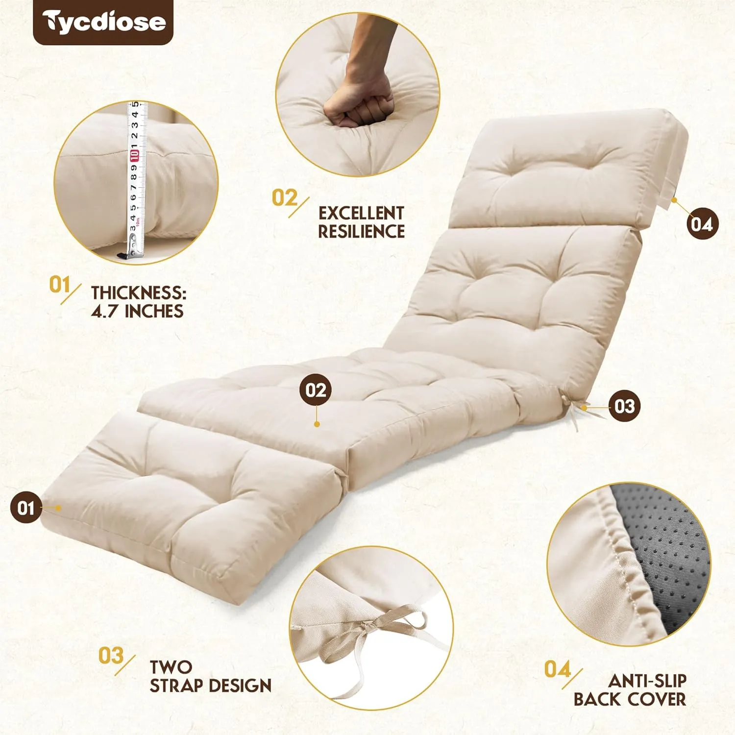 Outdoor Chaise Lounge Chair Cushion Waterproof 74.4 x 22 x 4.7 Inches Memory Foam Lounge Chair Cushions Replacement for Outdoor Furniture with Ties, Thickened Pool Lounge Chair Cushion, Beige