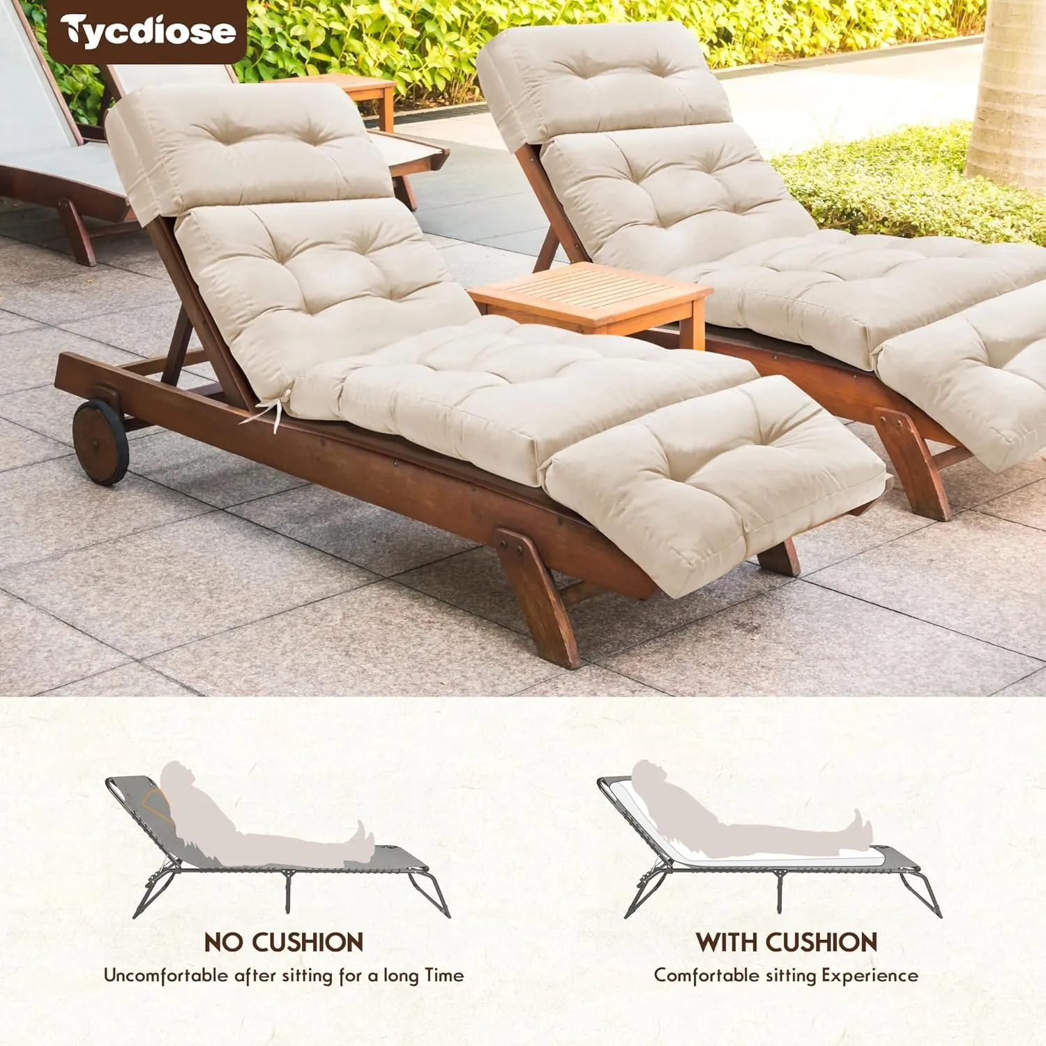 Outdoor Chaise Lounge Chair Cushion Waterproof 74.4 x 22 x 4.7 Inches Memory Foam Lounge Chair Cushions Replacement for Outdoor Furniture with Ties, Thickened Pool Lounge Chair Cushion, Beige