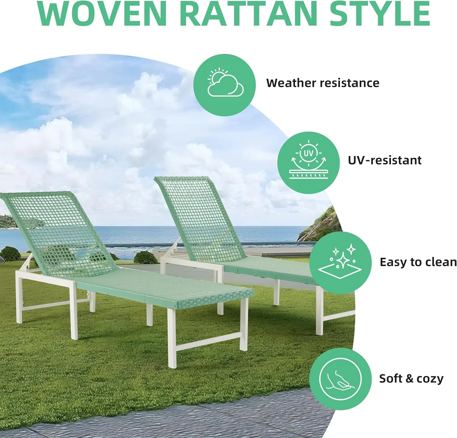 Outdoor Chaise Lounge Chair Set of 2, Rattan Aluminum All Weather Pool Chairs, for Patio, Beach, Poolside, Deck, Green
