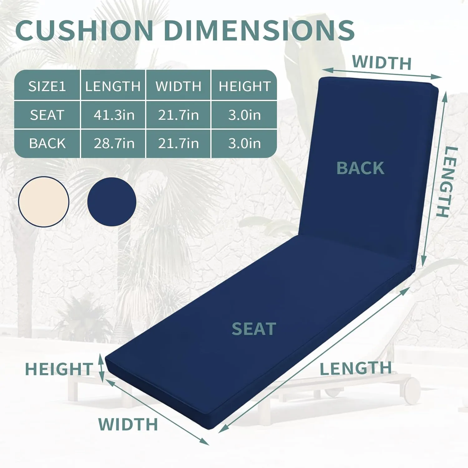 Outdoor Chaise Lounge Cushions for Patio, 71"x22"x3" Lounge Chair Cushions, Waterproof Replacement Seat Cushions for Outdoor Furniture (Blue, 1 Pcs)