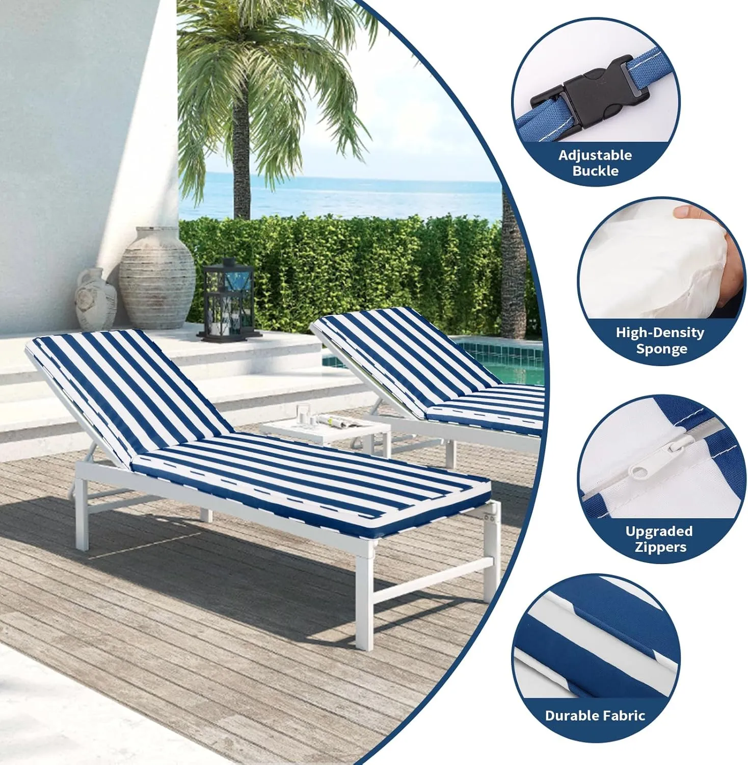 Outdoor Chaise Lounge Cushions for Patio, 71"x22"x3" Lounge Chair Cushions, Waterproof Replacement Seat Pads for Outdoor Furniture (Navy Blue White Stripes, 1 Pcs)