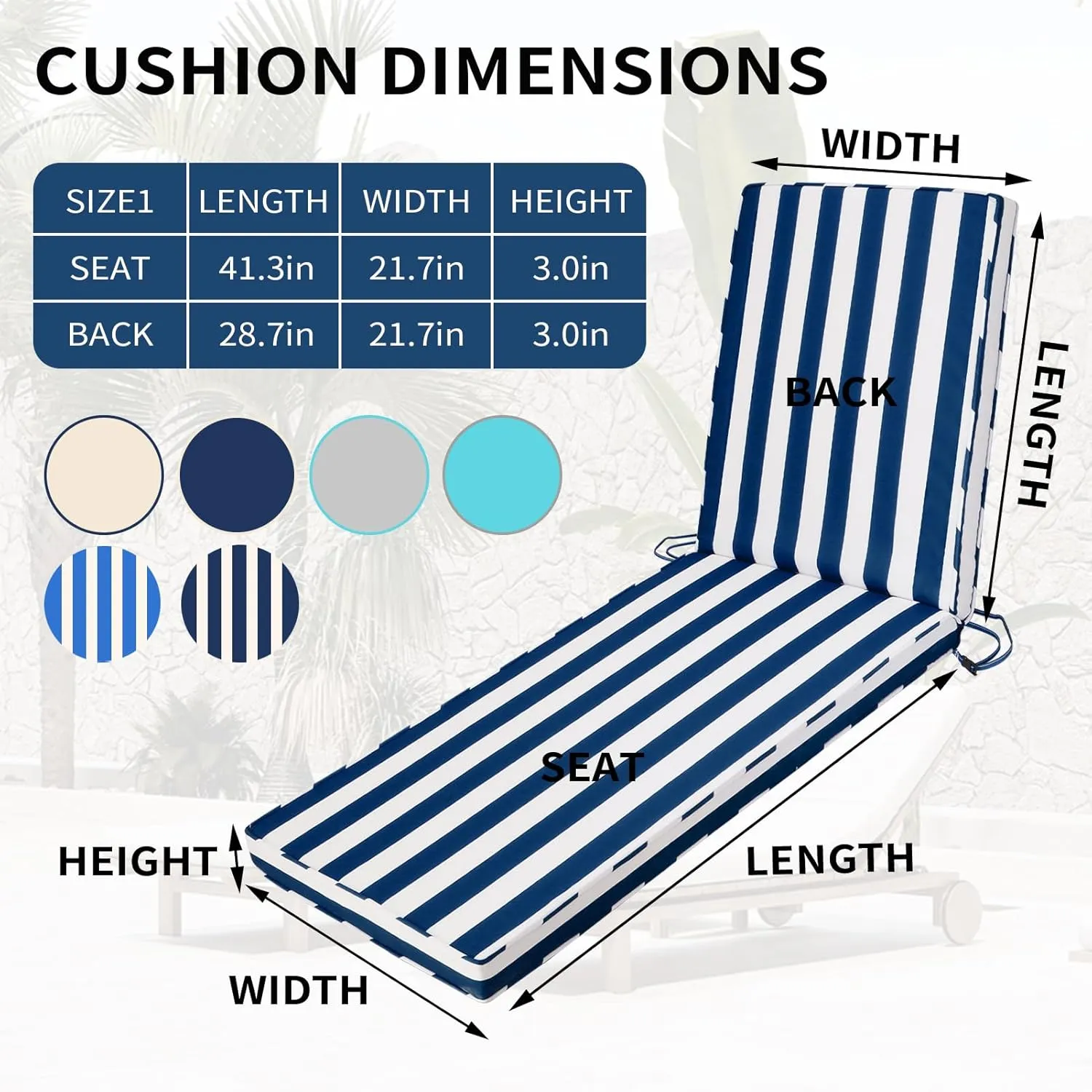 Outdoor Chaise Lounge Cushions for Patio, 71"x22"x3" Lounge Chair Cushions, Waterproof Replacement Seat Pads for Outdoor Furniture (Navy Blue White Stripes, 1 Pcs)