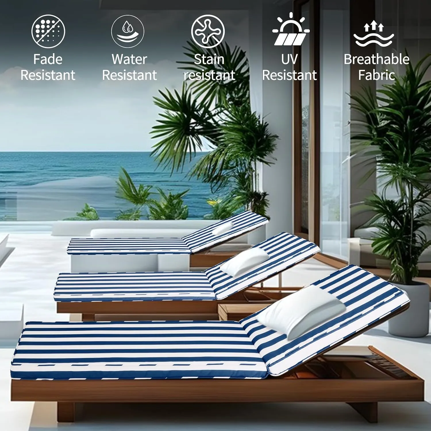 Outdoor Chaise Lounge Cushions for Patio, 71"x22"x3" Lounge Chair Cushions, Waterproof Replacement Seat Pads for Outdoor Furniture (Navy Blue White Stripes, 1 Pcs)