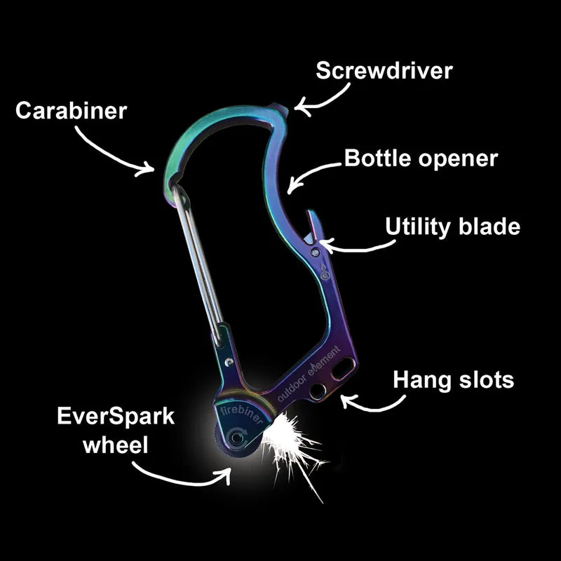 Outdoor Element Firebiner 6-In-1 Flint Multi-Tool Carabiner Stainless Steel 1 pk
