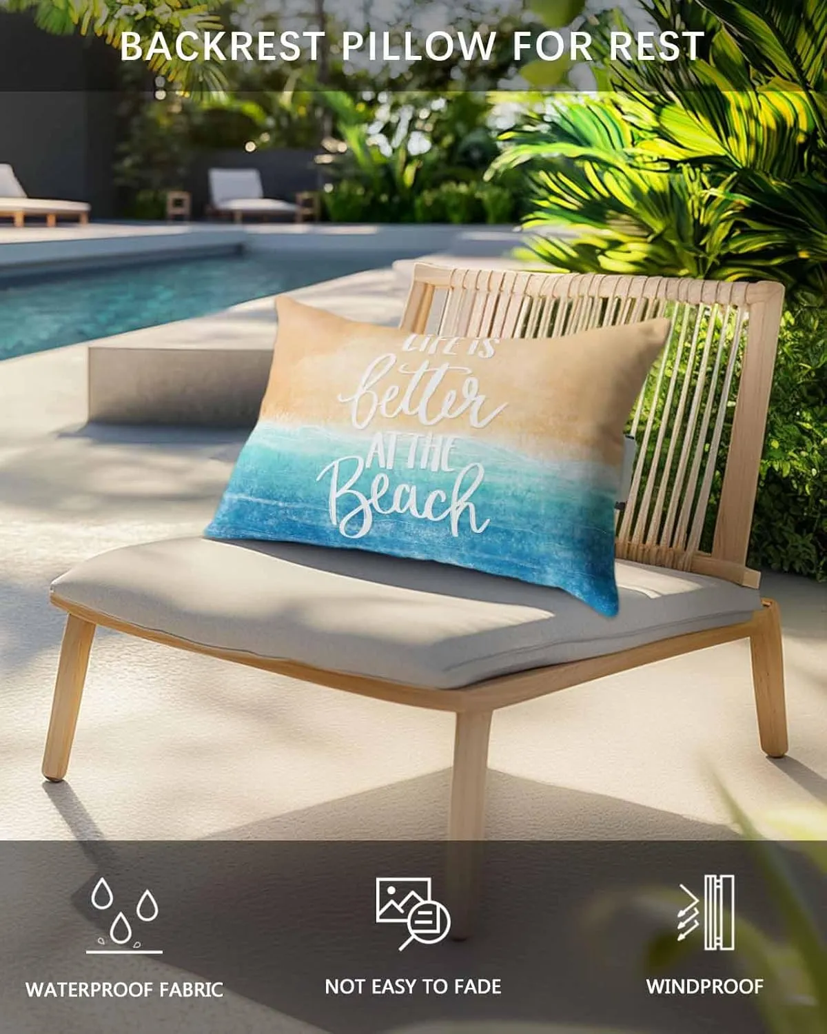 Outdoor Lumbar Pillow for Recliner Chair, Blue Coastal Waterproof Chaise Lounge Headrest Pillows, Life Is Better At The Beach Nautical Outdoor Neck Pillow with Elastic Stripe 2Pack,11"x16"