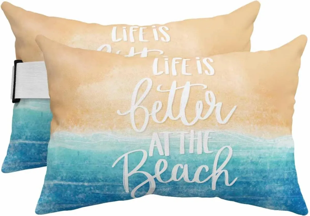 Outdoor Lumbar Pillow for Recliner Chair, Blue Coastal Waterproof Chaise Lounge Headrest Pillows, Life Is Better At The Beach Nautical Outdoor Neck Pillow with Elastic Stripe 2Pack,11"x16"