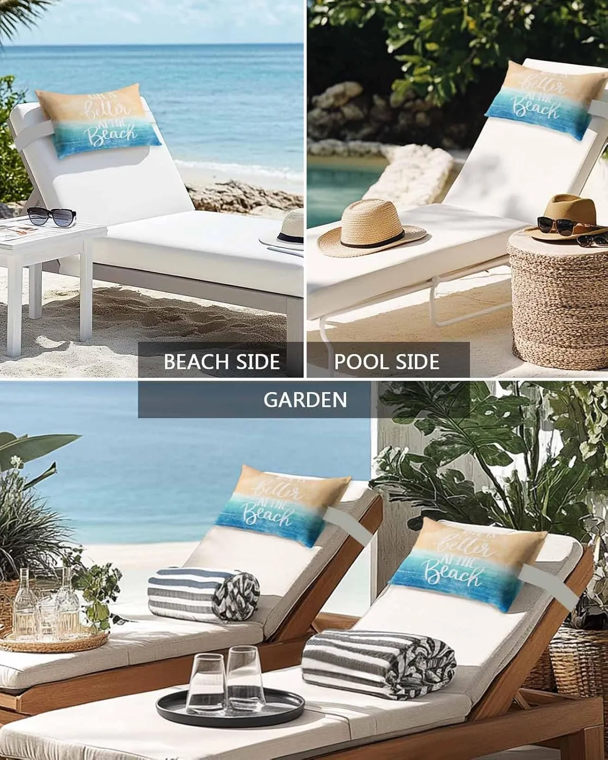 Outdoor Lumbar Pillow for Recliner Chair, Blue Coastal Waterproof Chaise Lounge Headrest Pillows, Life Is Better At The Beach Nautical Outdoor Neck Pillow with Elastic Stripe 2Pack,11"x16"
