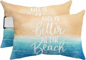 Outdoor Lumbar Pillow for Recliner Chair, Blue Coastal Waterproof Chaise Lounge Headrest Pillows, Life Is Better At The Beach Nautical Outdoor Neck Pillow with Elastic Stripe 2Pack,11"x16"