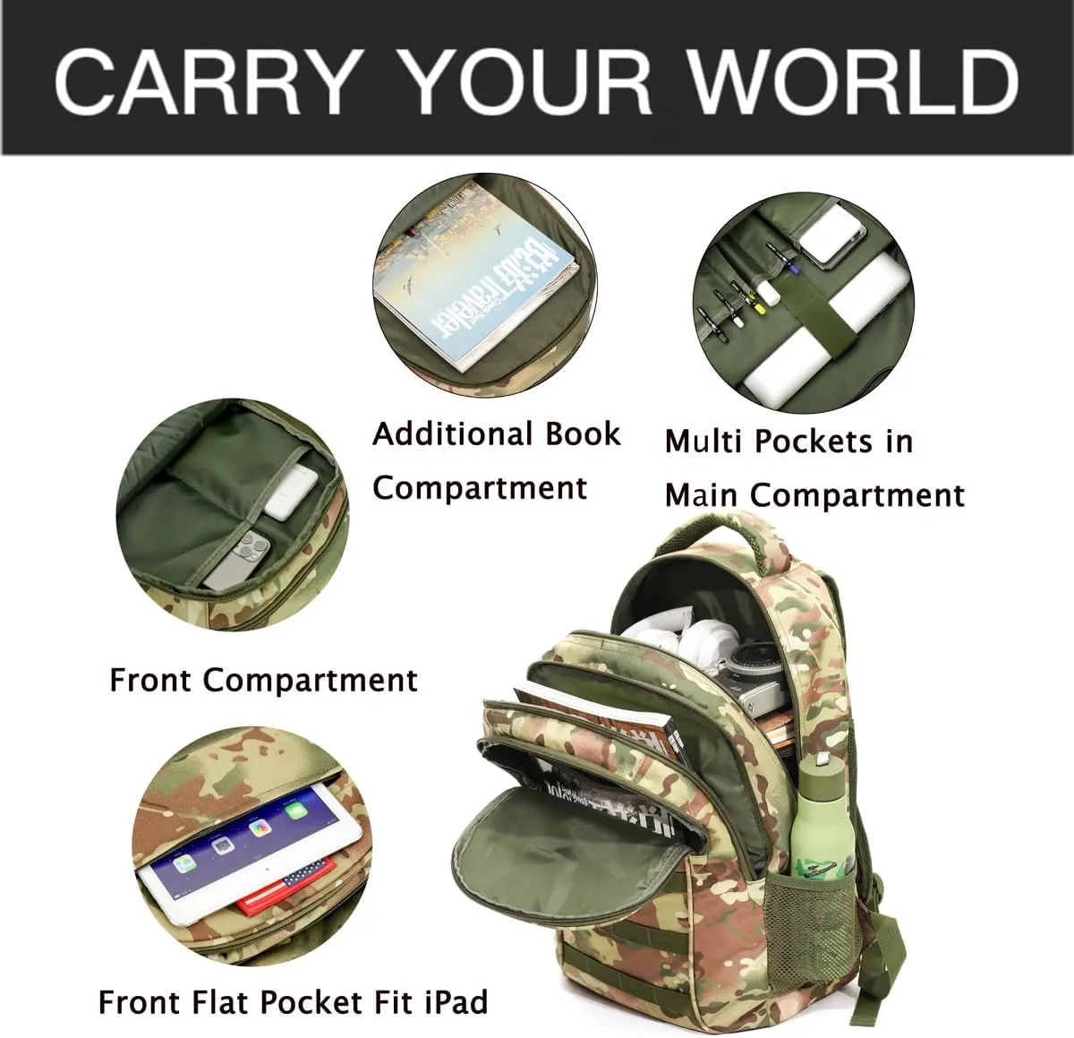outdoor plus Camo Backpack,Military Boys Backpacks for School,Army Bookbag with USB Charging Port,30l/40L