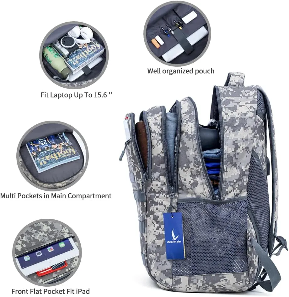 outdoor plus Camo Backpack,Military Boys Backpacks for School,Army Bookbag with USB Charging Port,30l/40L