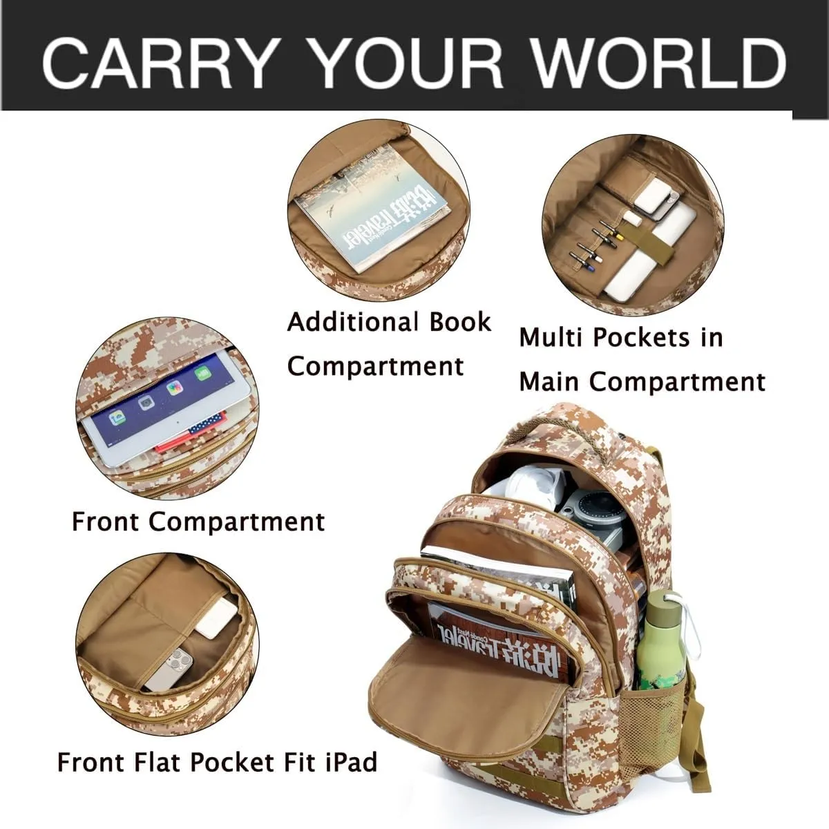 outdoor plus Camo Backpack,Military Boys Backpacks for School,Army Bookbag with USB Charging Port,30l/40L