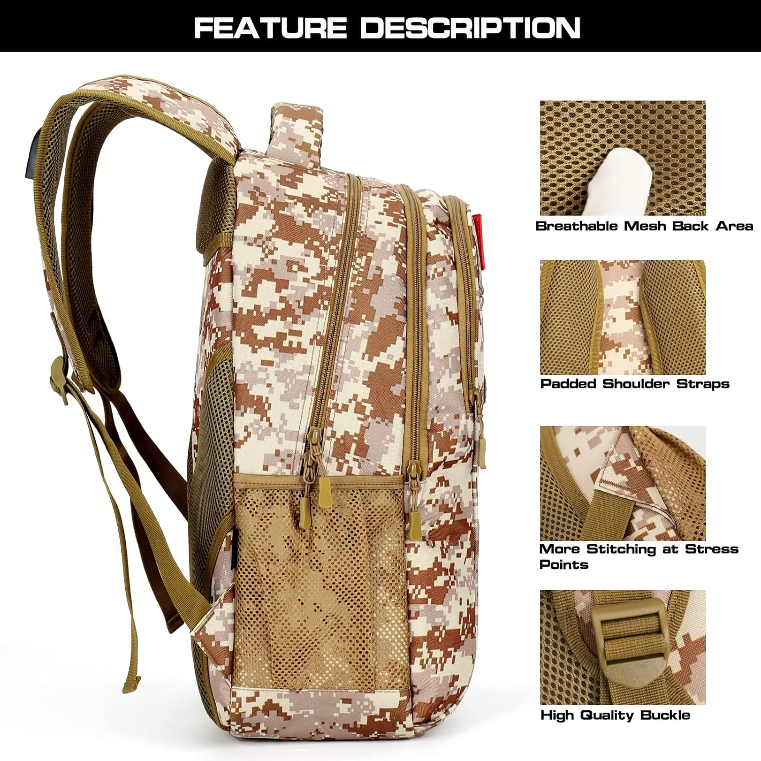 outdoor plus Camo Backpack,Military Boys Backpacks for School,Army Bookbag with USB Charging Port,30l/40L