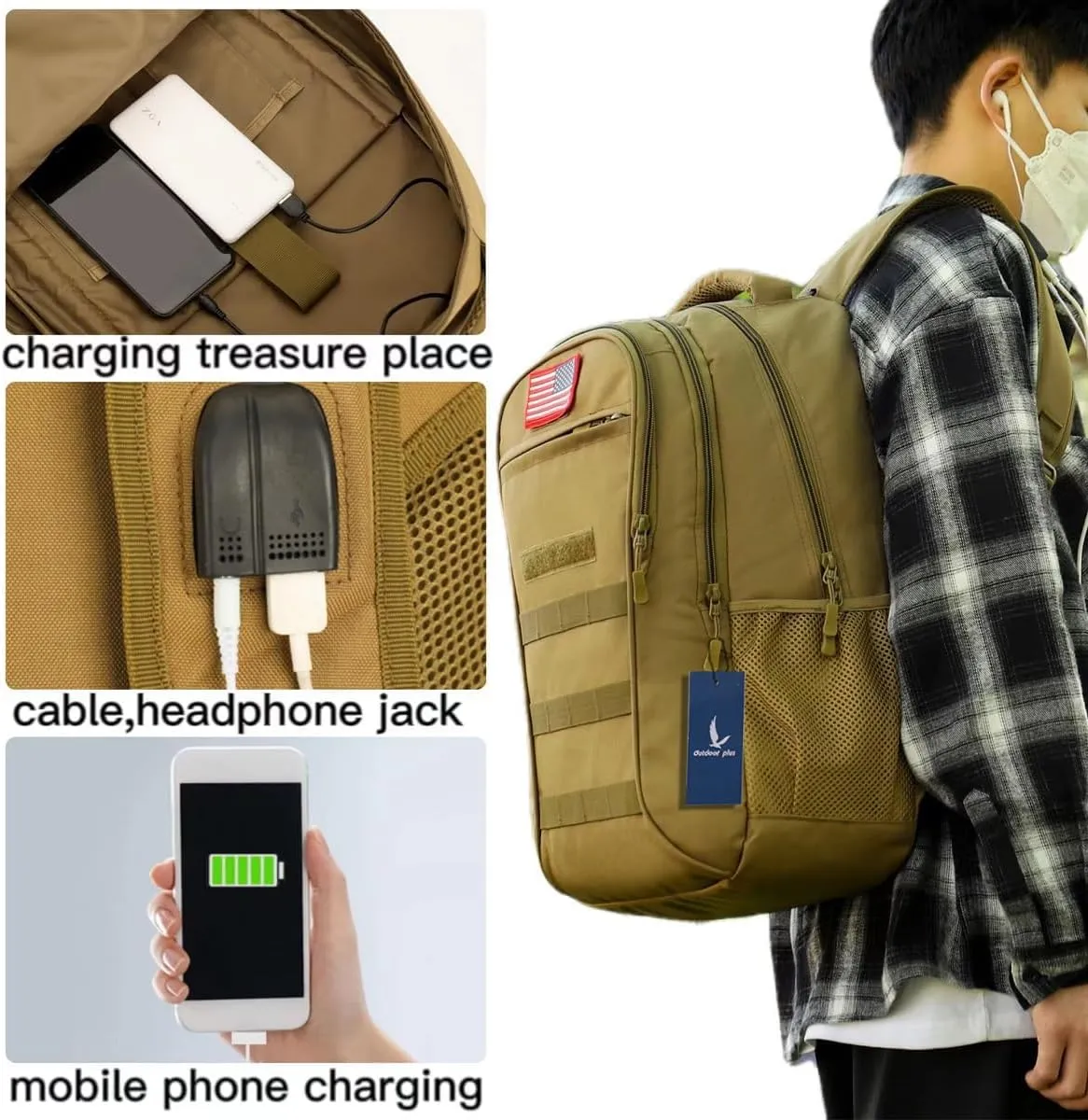 outdoor plus Camo Backpack,Military Boys Backpacks for School,Army Bookbag with USB Charging Port,30l/40L