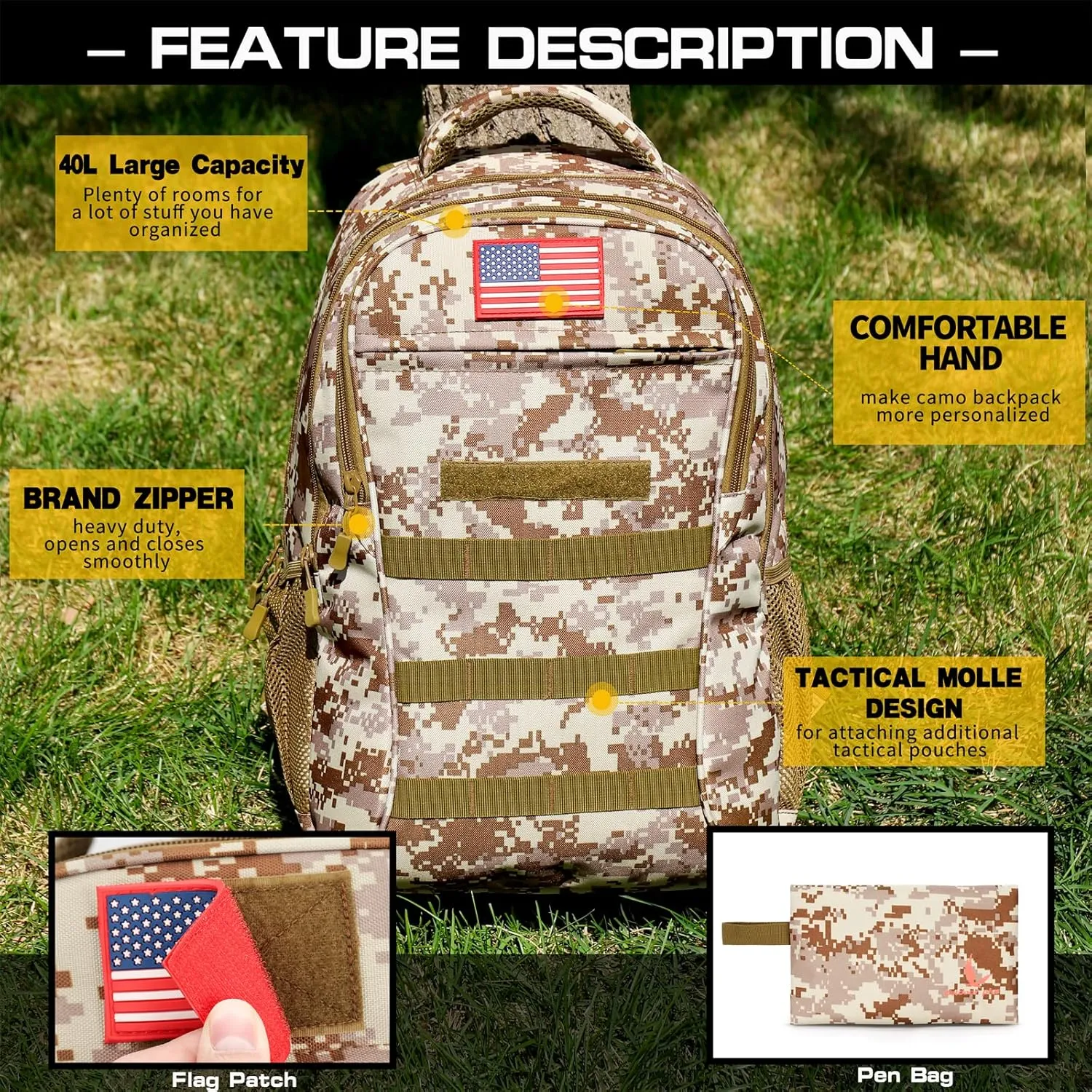 outdoor plus Camo Backpack,Military Boys Backpacks for School,Army Bookbag with USB Charging Port,30l/40L