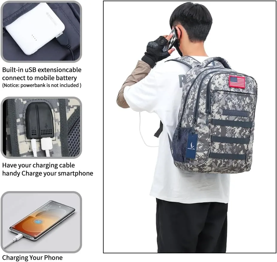 outdoor plus Camo Backpack,Military Boys Backpacks for School,Army Bookbag with USB Charging Port,30l/40L
