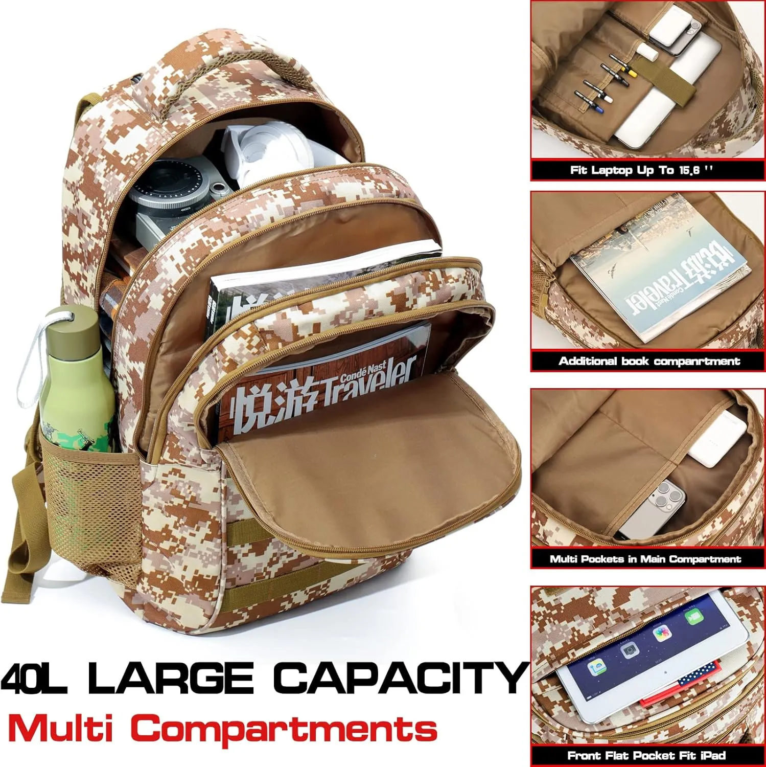 outdoor plus Camo Backpack,Military Boys Backpacks for School,Army Bookbag with USB Charging Port,30l/40L